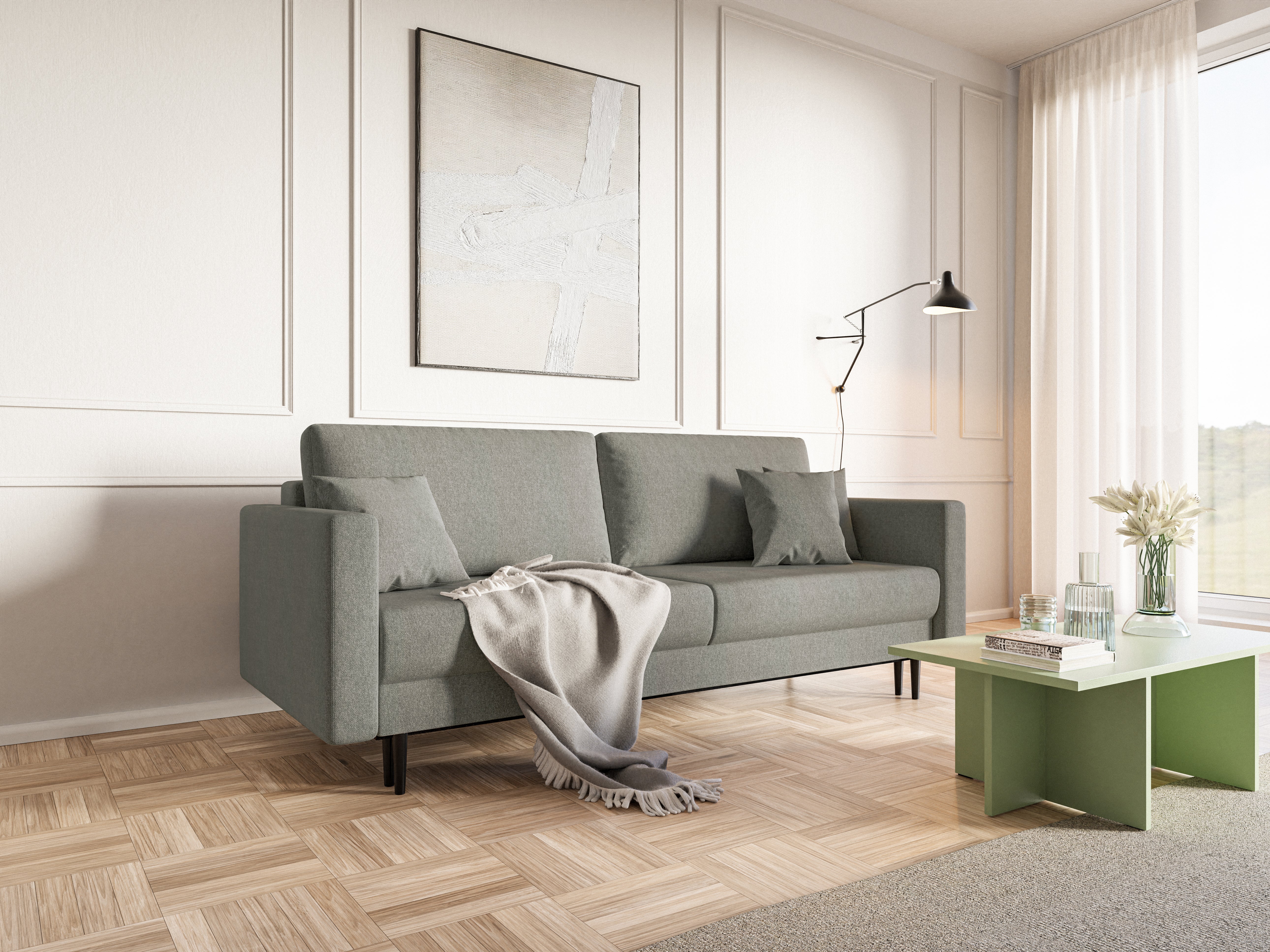 Ausziehbares Dreisitzer-Sofa Valico in Grau aus pflegeleichtem Chenille-Stoff, schwarze Beine