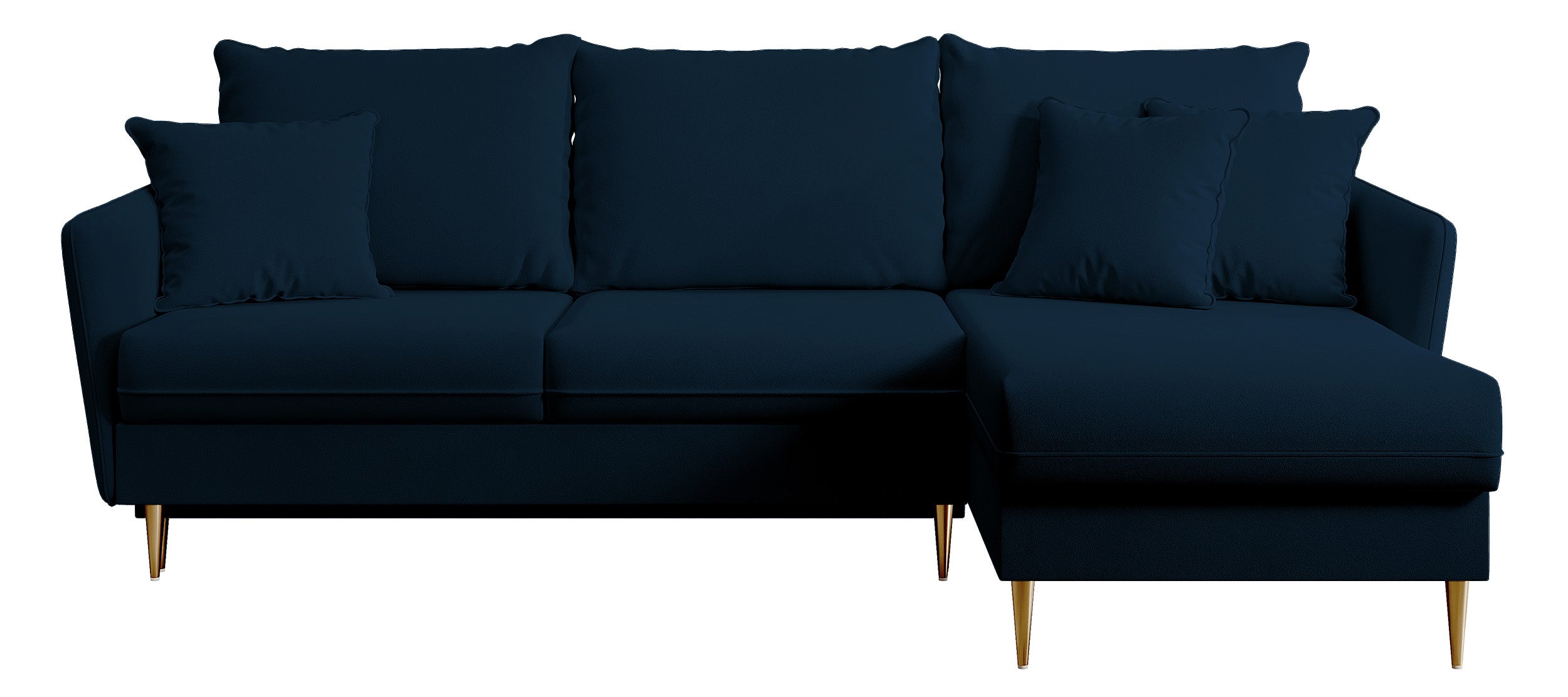 Ecksofa mit Schlaffunktion Volio, samtig blau, wasserabweisend, goldene Beine
