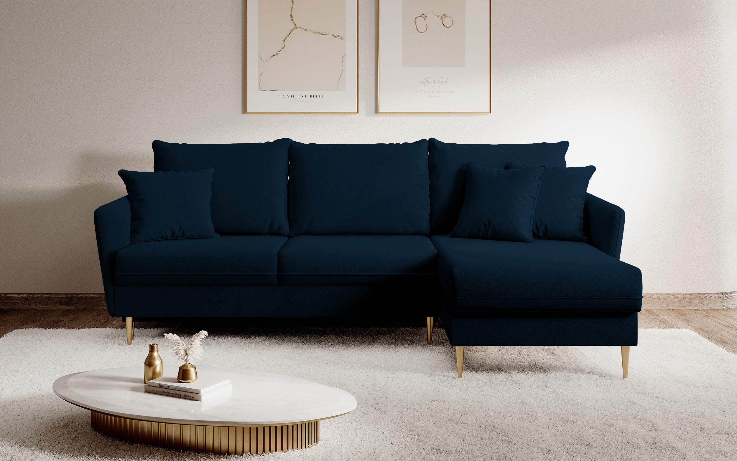 Ecksofa mit Schlaffunktion Volio, samtig blau, wasserabweisend, goldene Beine