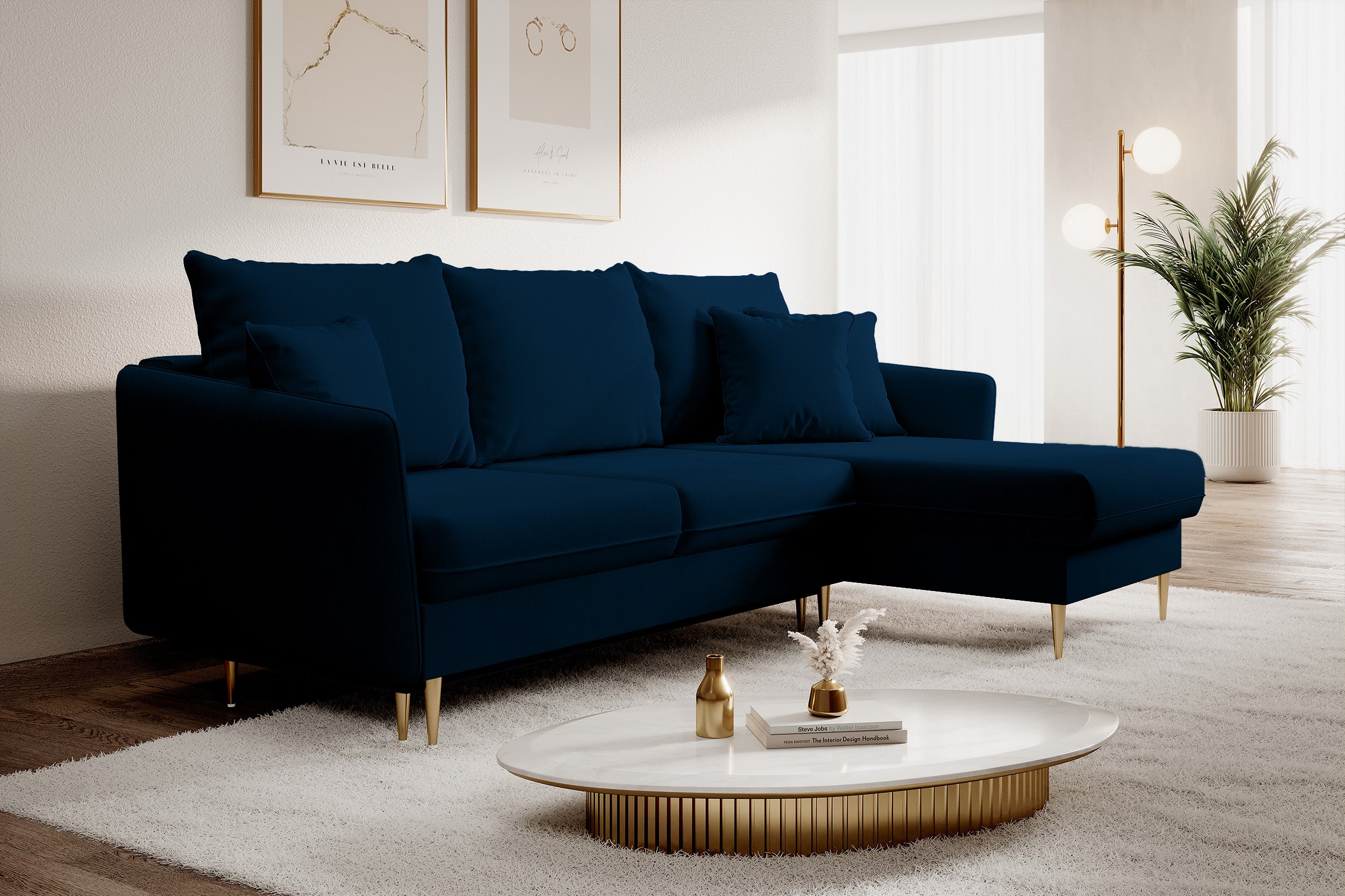 Ecksofa mit Schlaffunktion Volio, samtig blau, wasserabweisend, goldene Beine