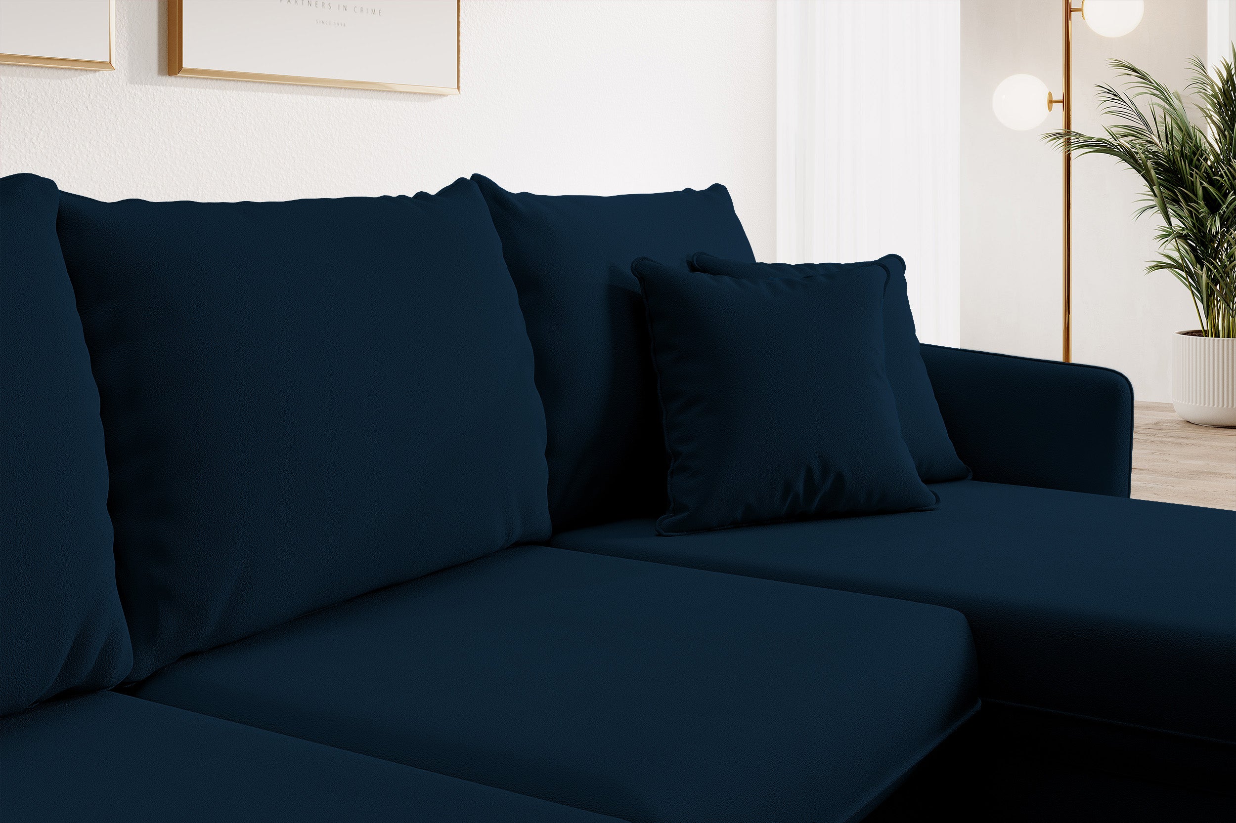 Ecksofa mit Schlaffunktion Volio, samtig blau, wasserabweisend, goldene Beine