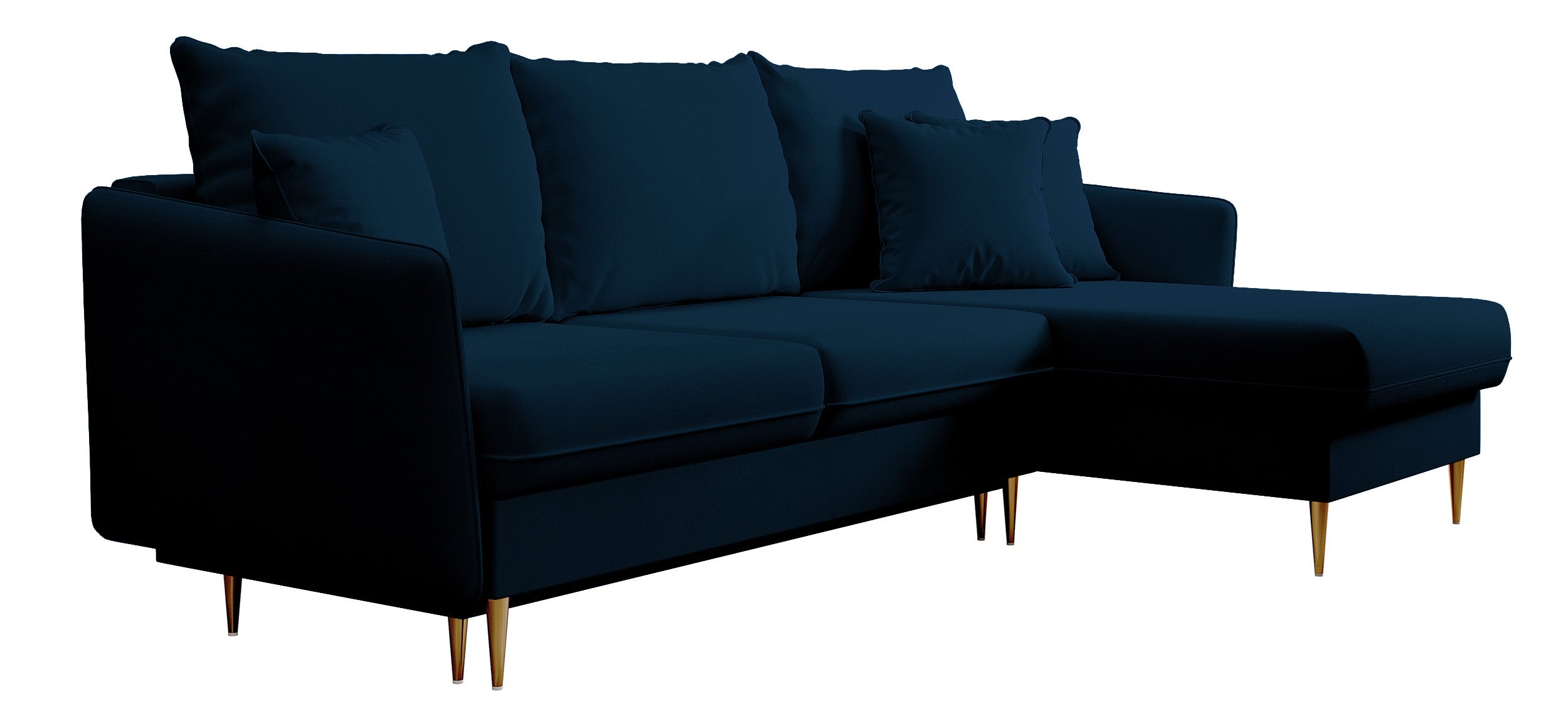 Ecksofa mit Schlaffunktion Volio, samtig blau, wasserabweisend, goldene Beine