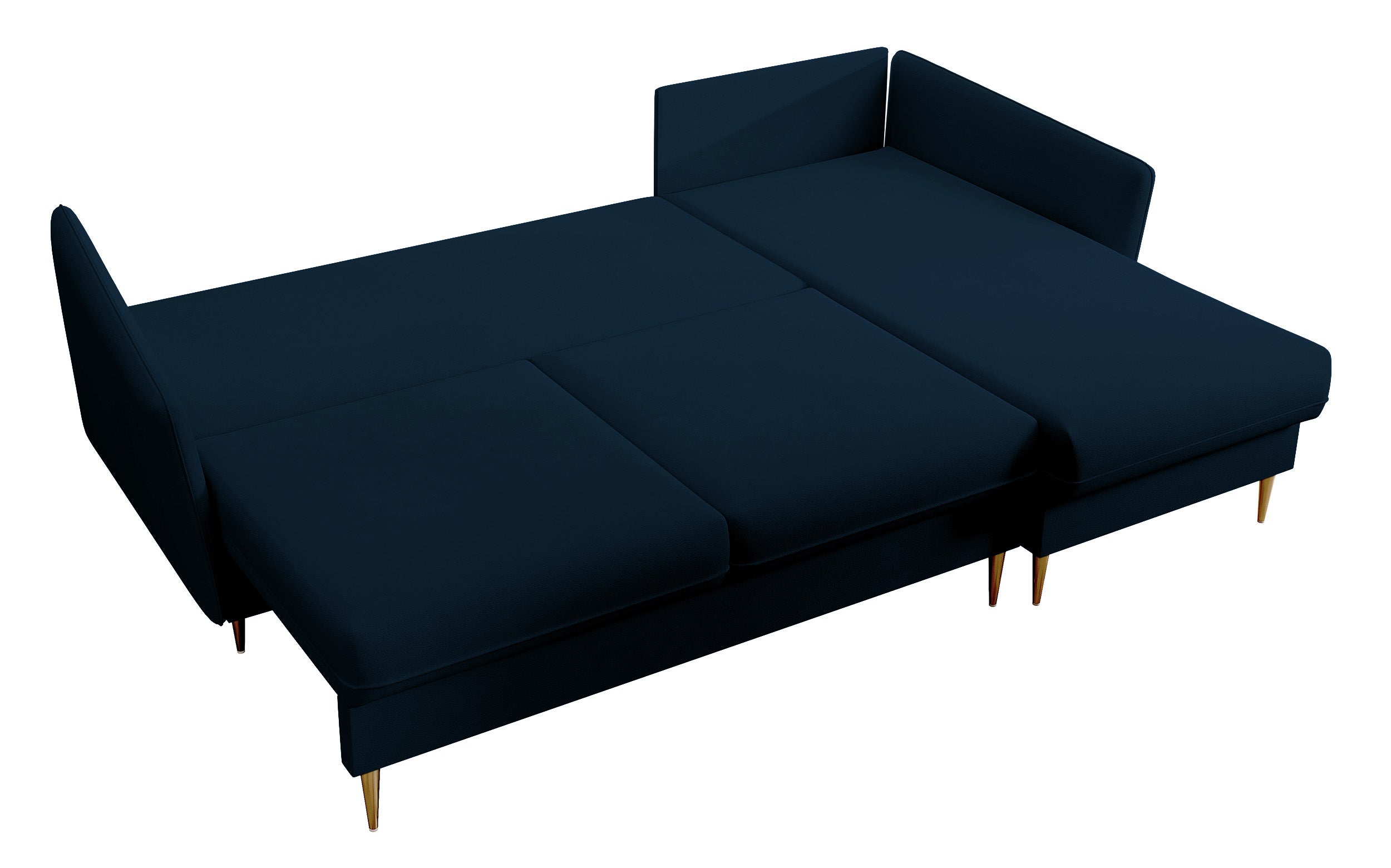 Ecksofa mit Schlaffunktion Volio, samtig blau, wasserabweisend, goldene Beine