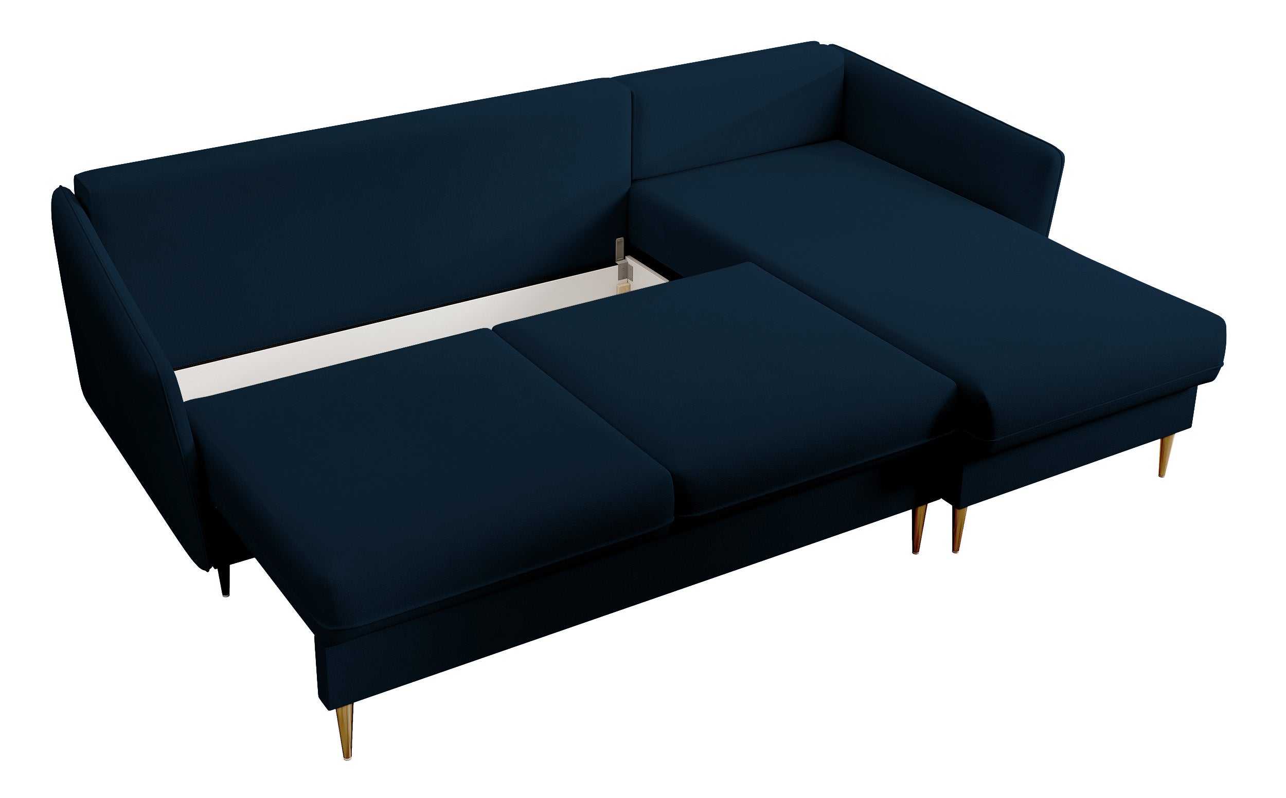 Ecksofa mit Schlaffunktion Volio, samtig blau, wasserabweisend, goldene Beine