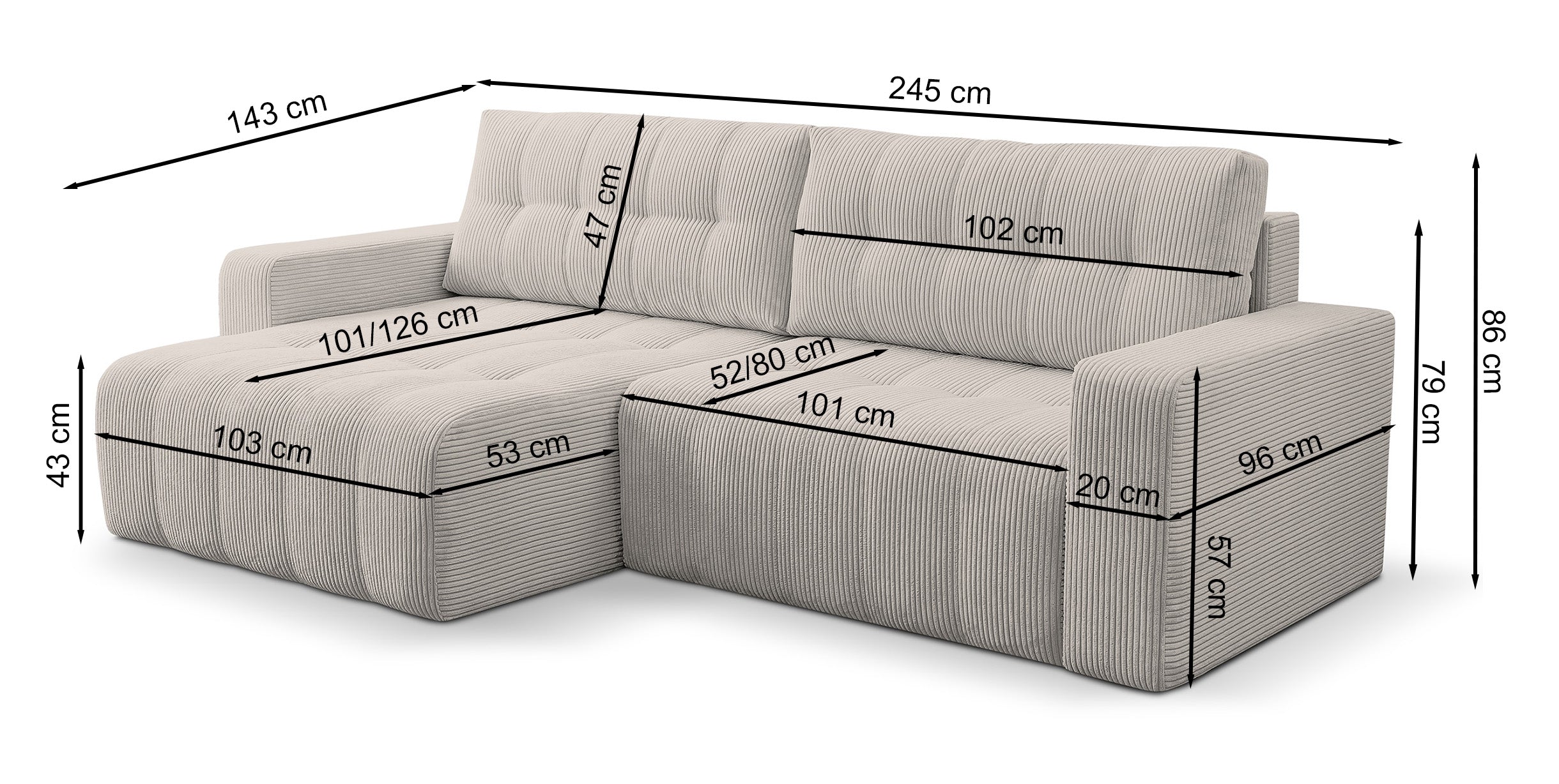 Ecksofa mit Schlaffunktion Maillo, L-förmig, universell, mit Stauraum, hellbeiger Cordstoff
