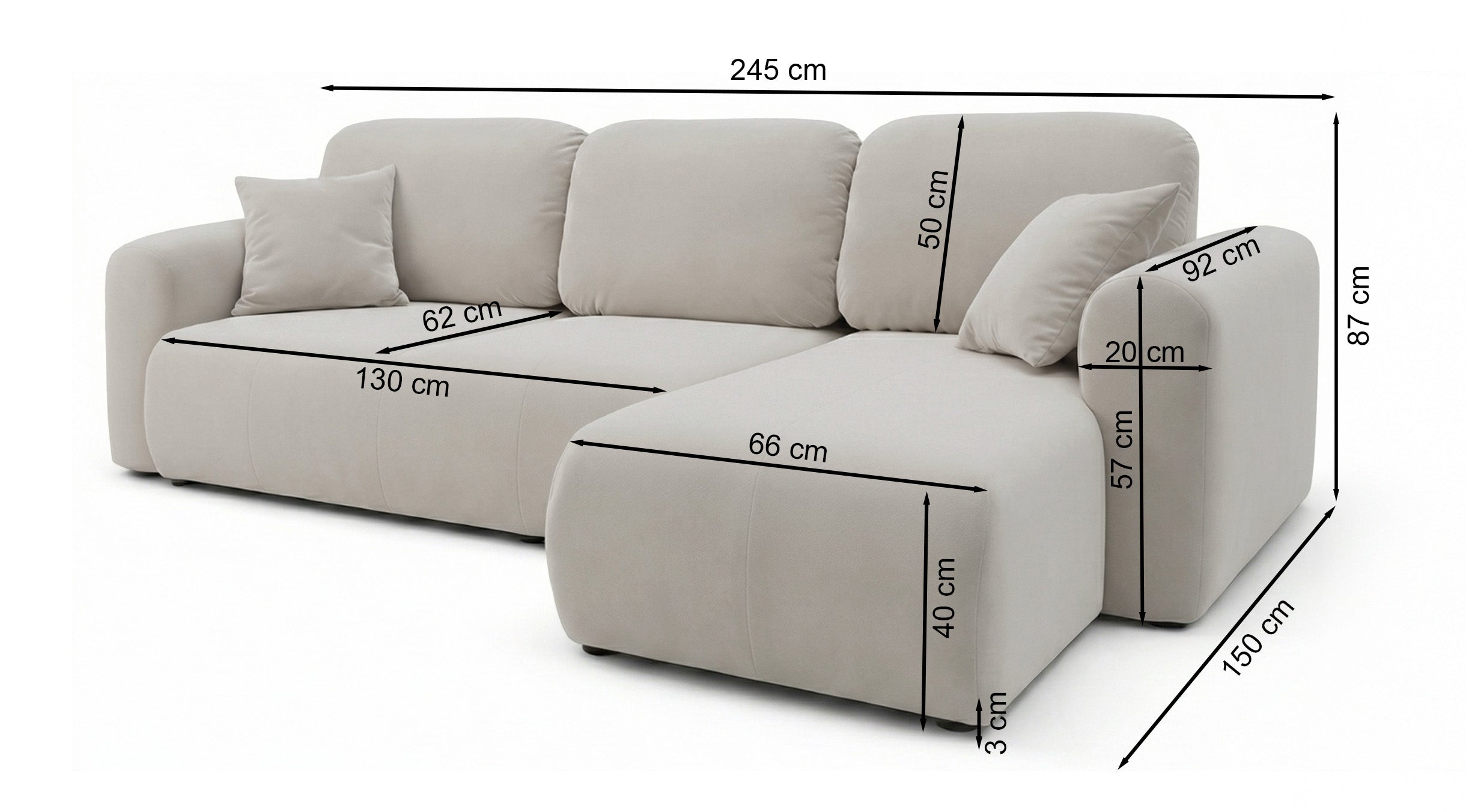 Ecksofa mit Schlaffunktion Olido, universell L-förmig, mit Stauraum, grau-beiges hydrophobes Samtgewebe