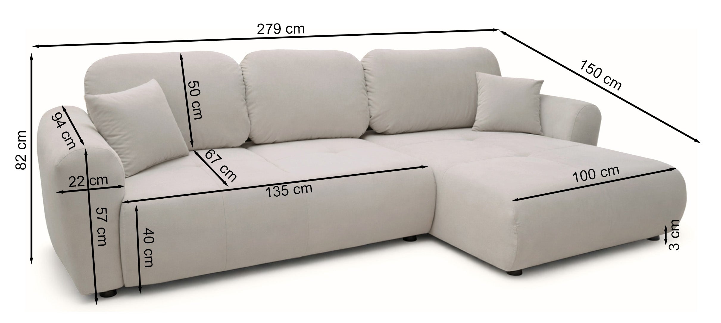 Große, universelle L-förmige Eckcouch Olido mit Schlaffunktion, Stauraum, beige, hydrophober Samtstoff