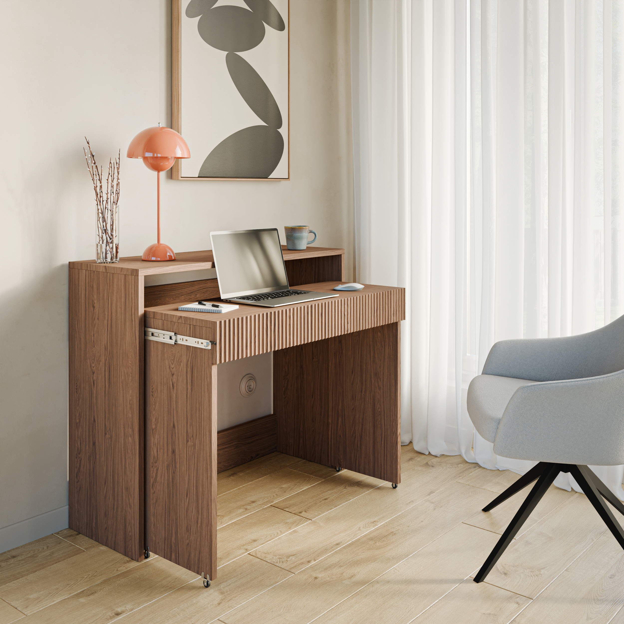 Ausziehbarer Schreibtisch Zoom mit Schublade und Rillen, 98 cm, Eiche Casella