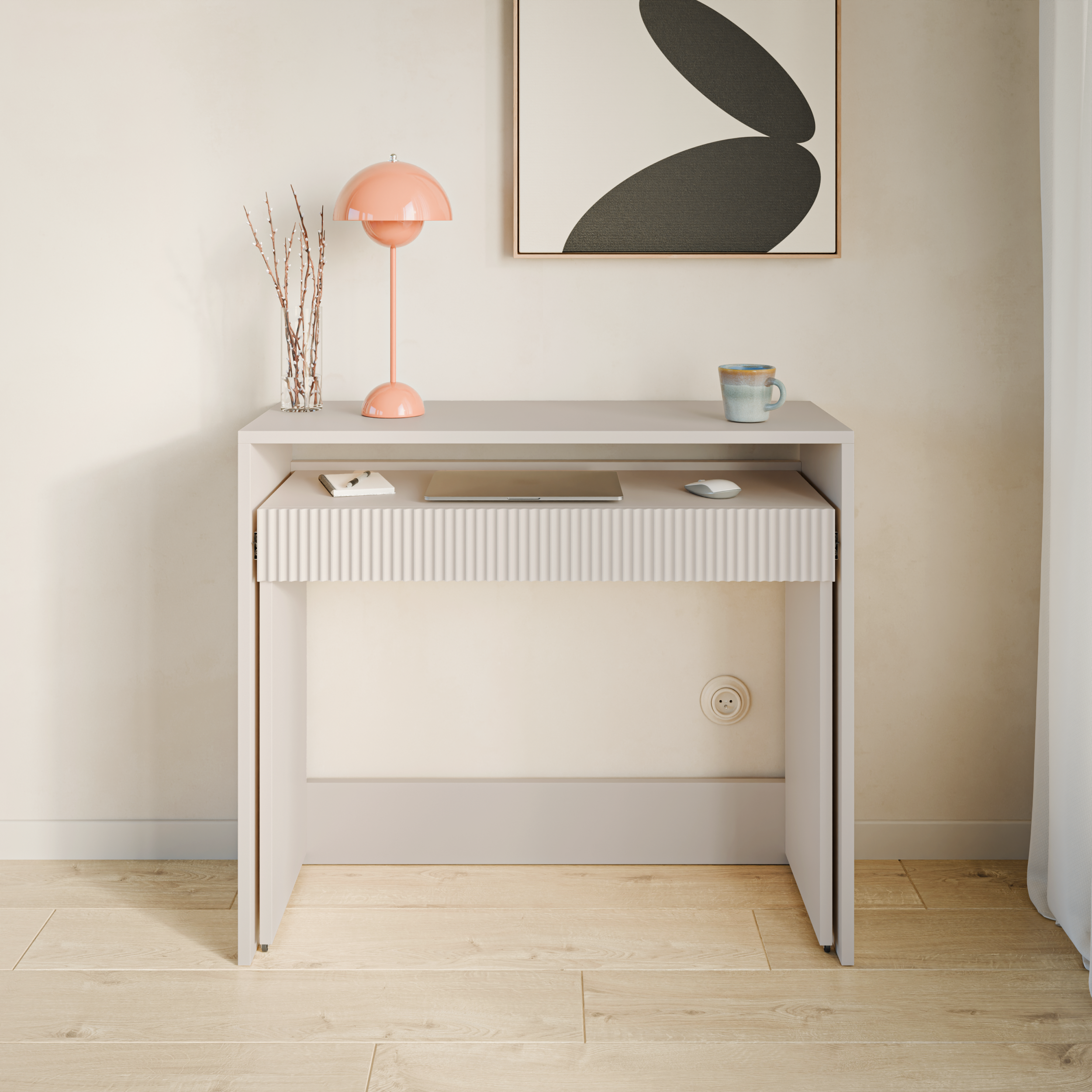 Ausziehbarer Schreibtisch Zoom mit Schublade und Rillen, 98 cm, Kaschmir