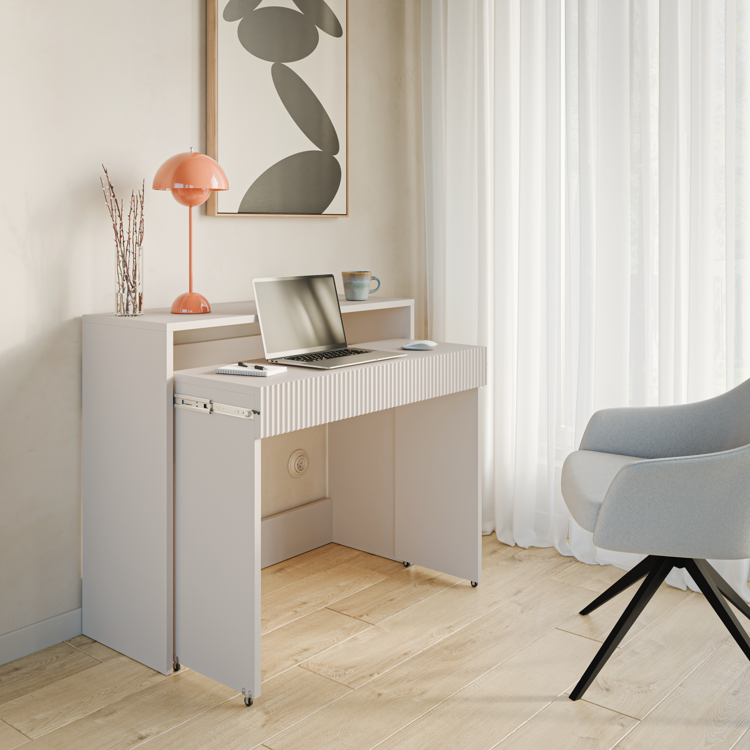 Ausziehbarer Schreibtisch Zoom mit Schublade und Rillen, 98 cm, Kaschmir