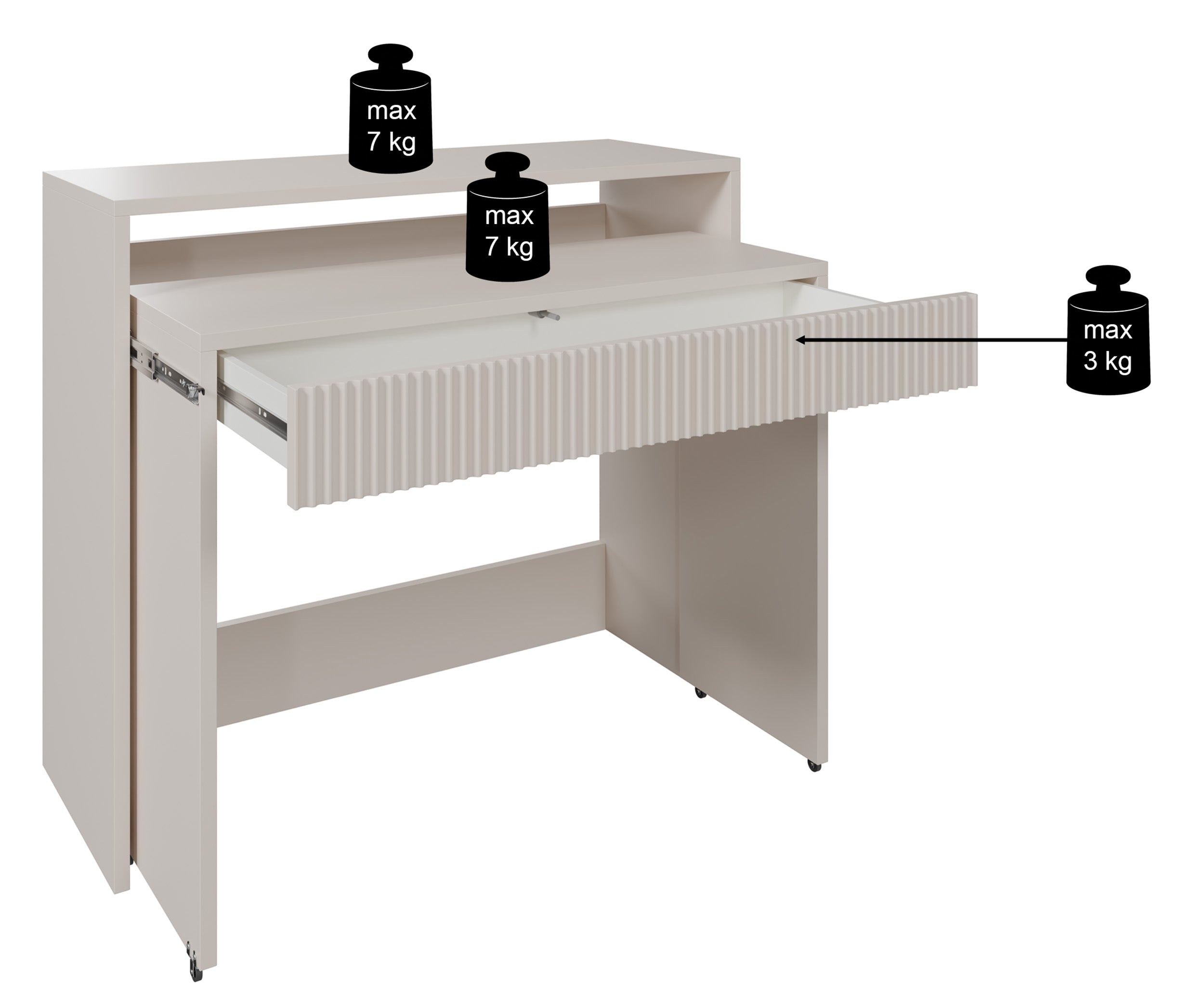Ausziehbarer Schreibtisch Zoom mit Schublade und Rillen, 98 cm, Kaschmir