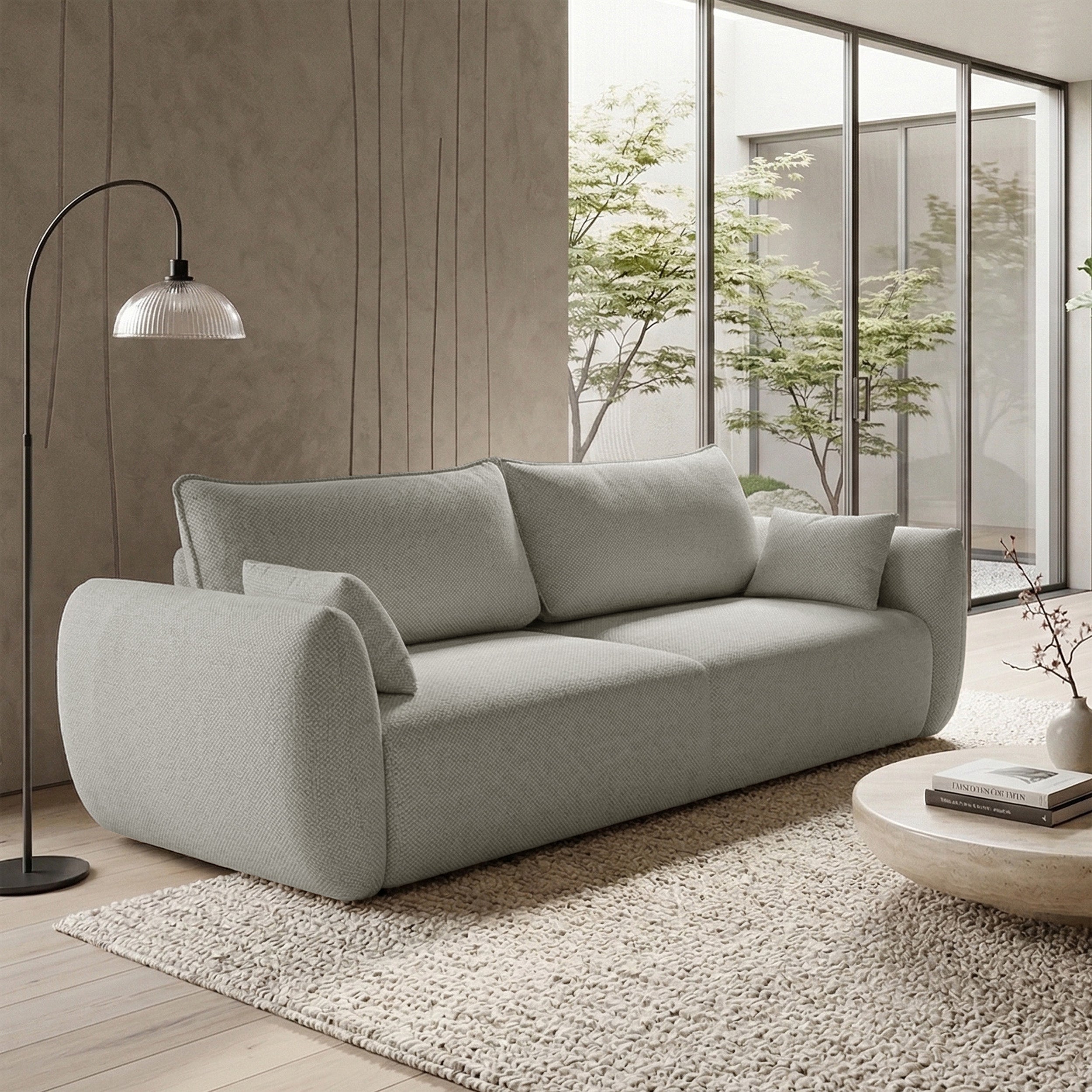 Dreisitziges ausklappbares Sofa Zordo mit Stauraum, grau-beiger Chenillestoff