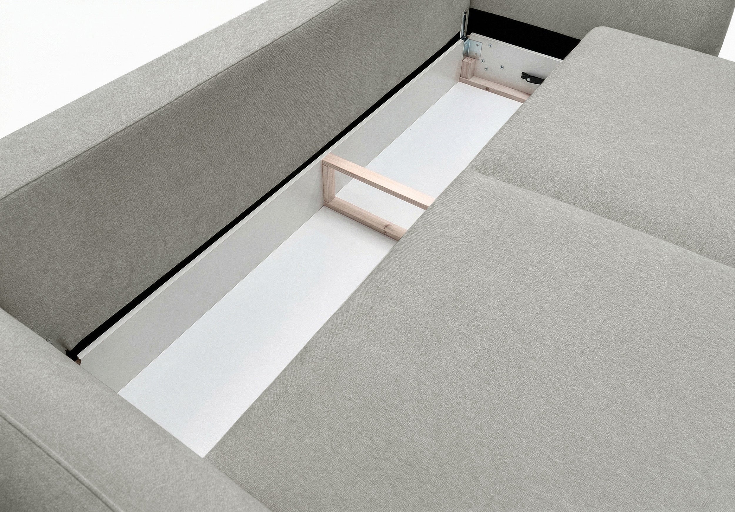 Dreisitziges ausklappbares Sofa Zordo mit Stauraum, grau-beiger Chenillestoff