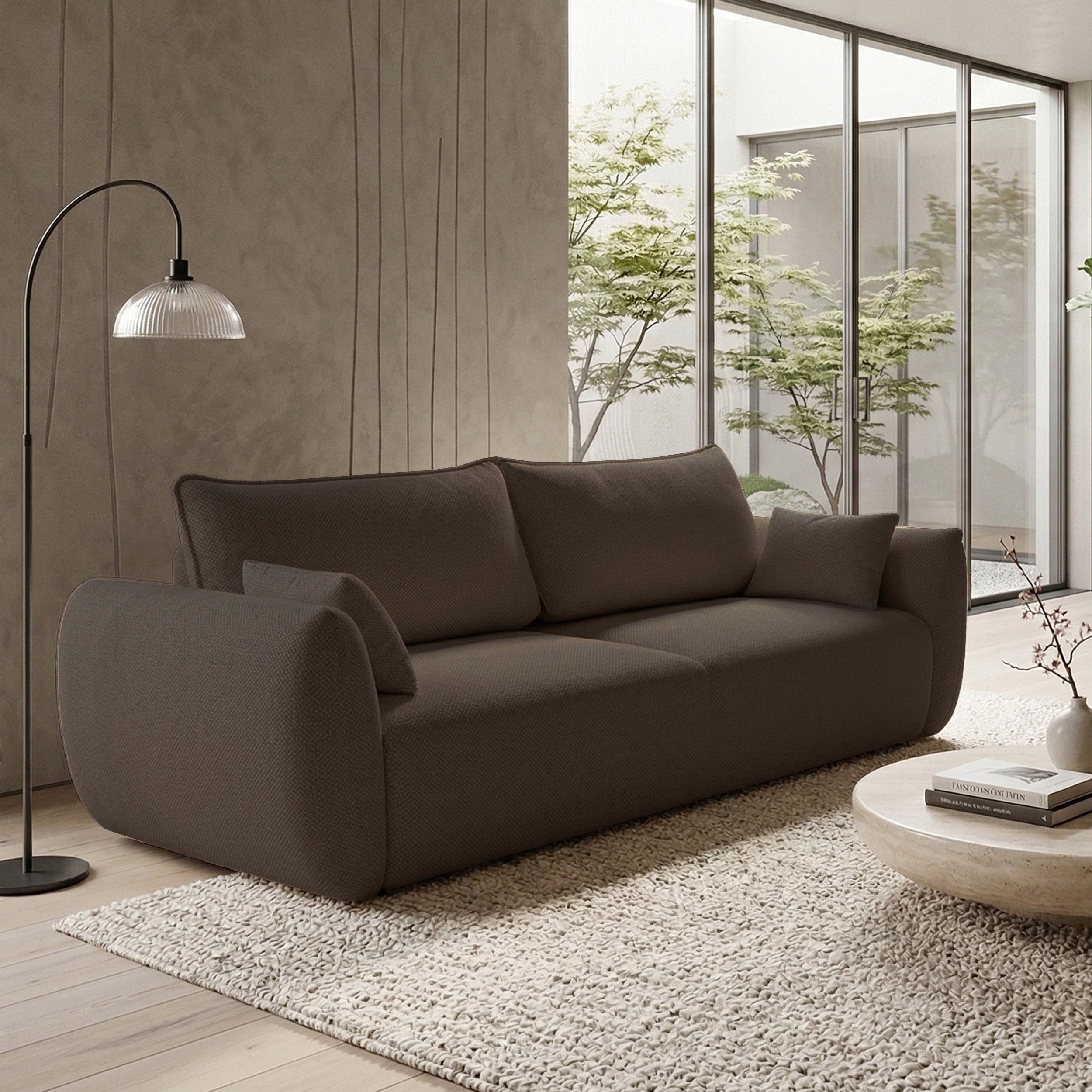 Dreisitziges ausklappbares Sofa Zordo mit Stauraum, braunes Chenille