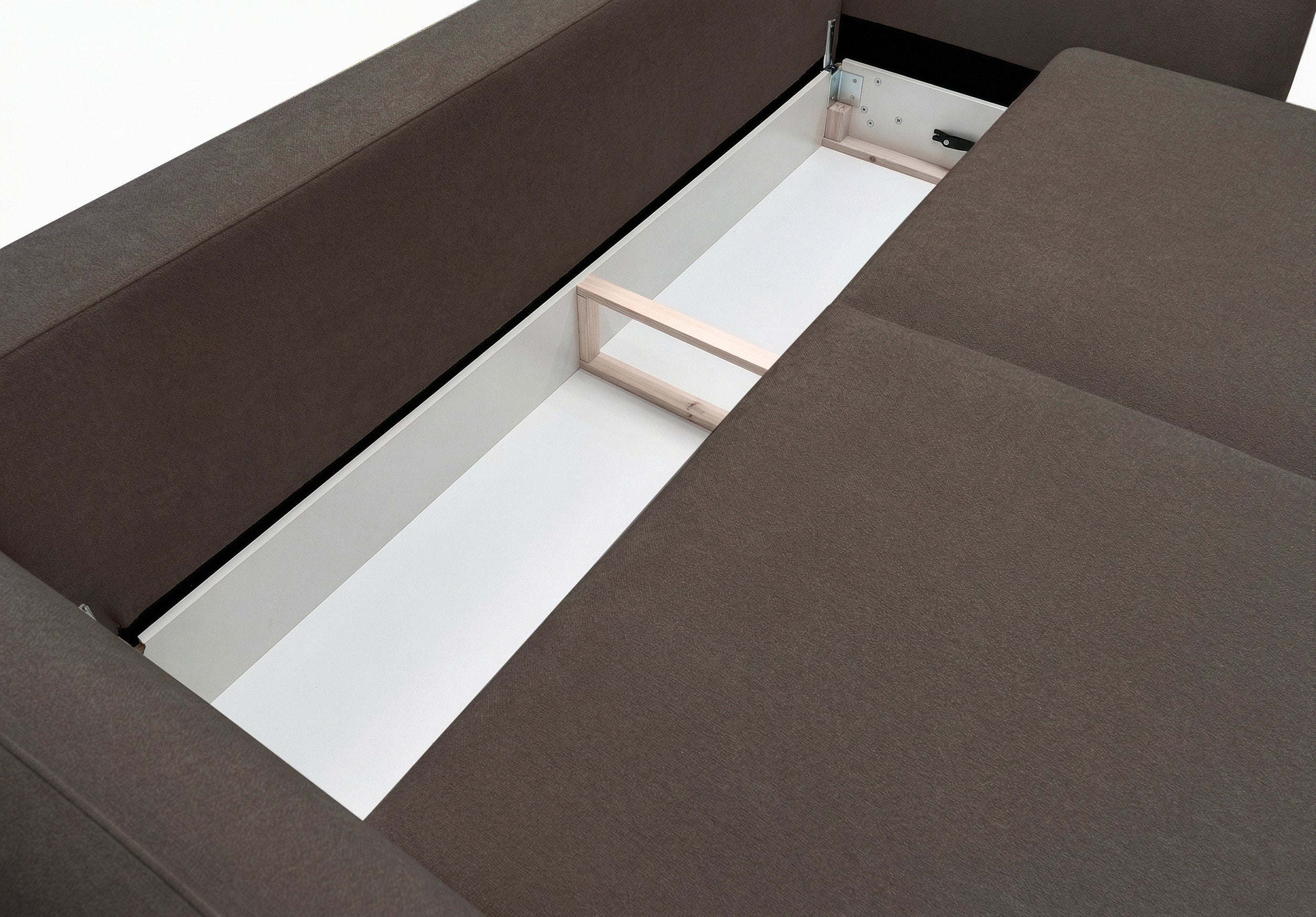 Dreisitziges ausklappbares Sofa Zordo mit Stauraum, braunes Chenille
