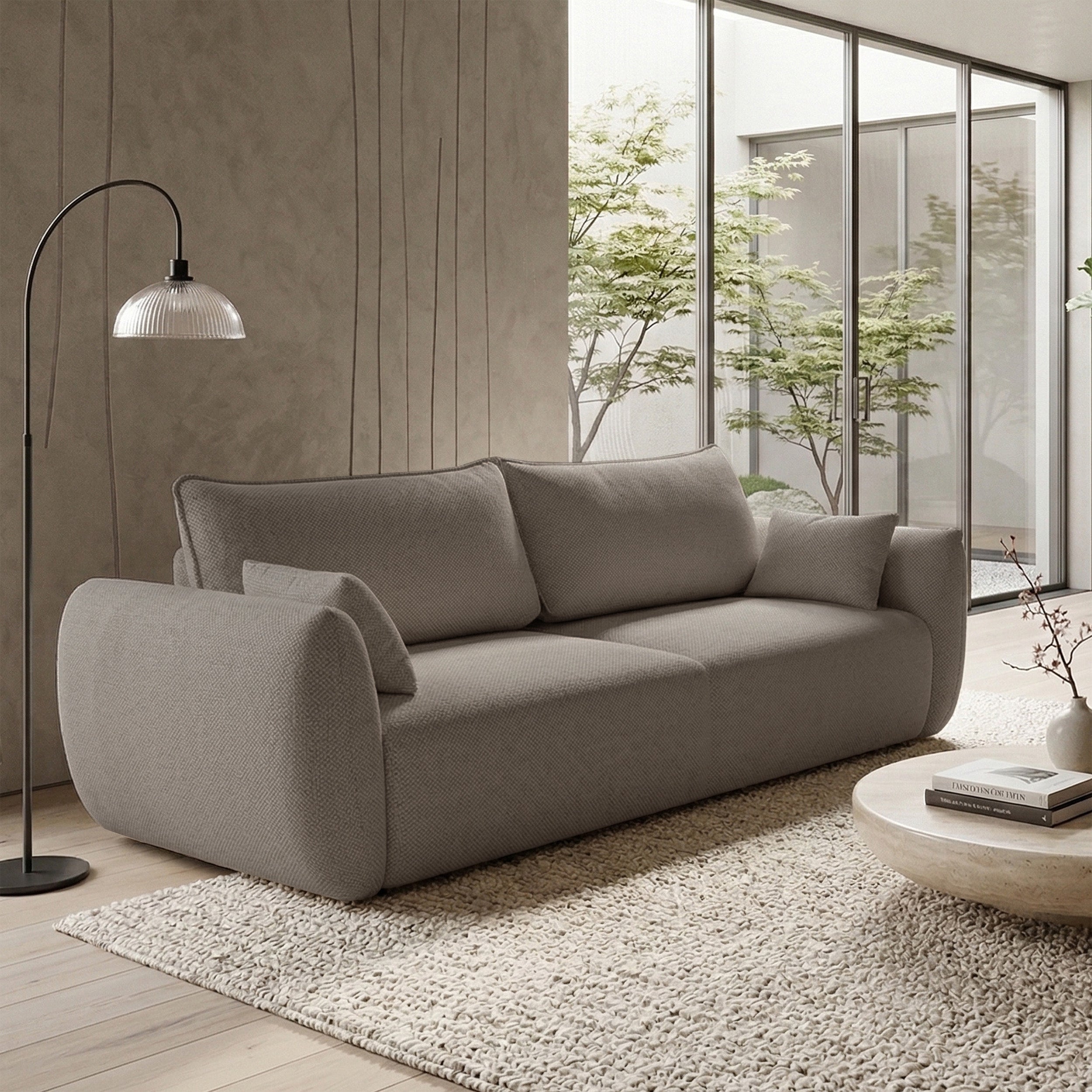 Dreisitziges ausklappbares Sofa Zordo mit Stauraum, hellbrauner Chenillebezug
