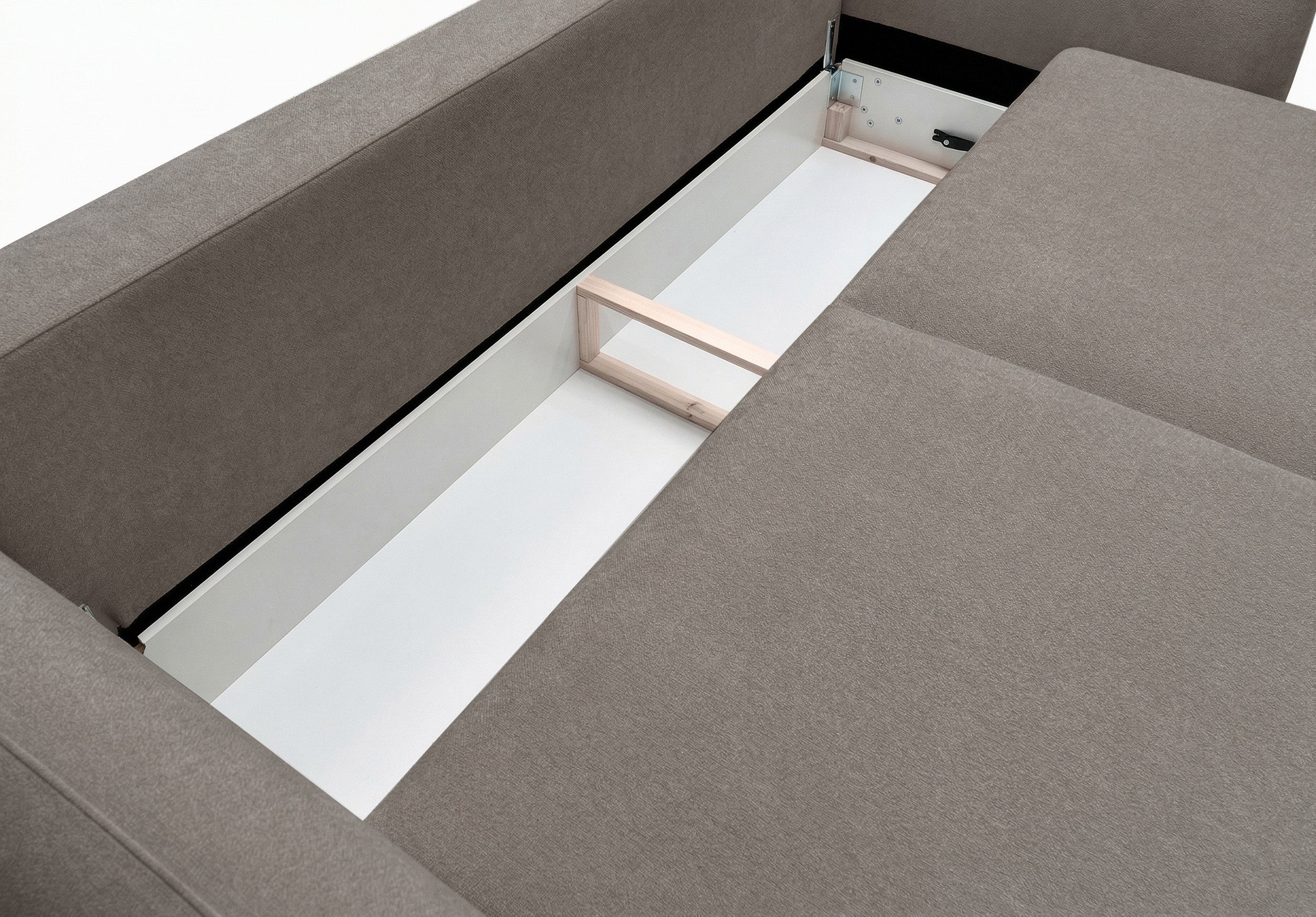 Dreisitziges ausklappbares Sofa Zordo mit Stauraum, hellbrauner Chenillebezug