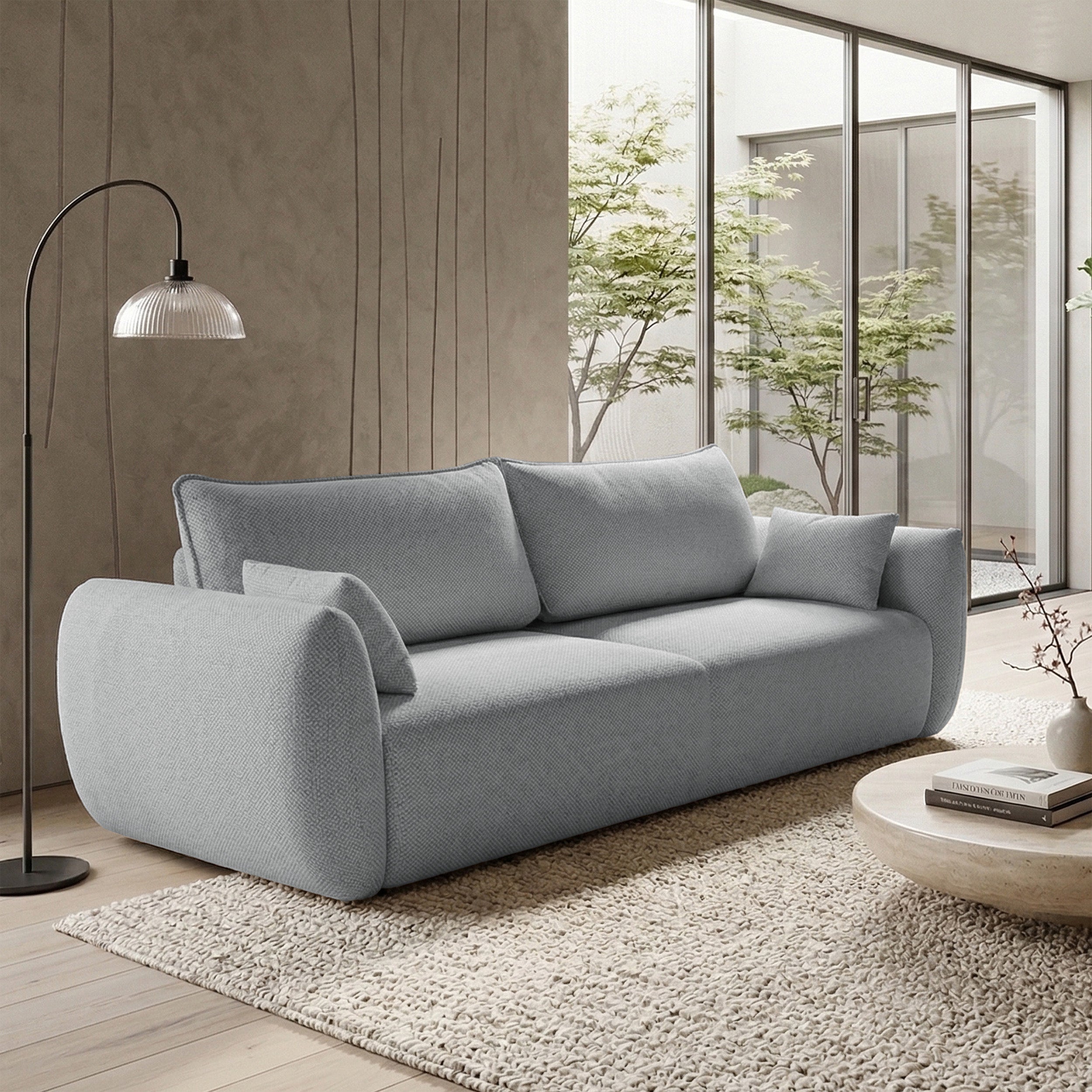 Ausziehbares Dreisitzer-Sofa Zordo mit Stauraum, grauer Chenille-Bezug