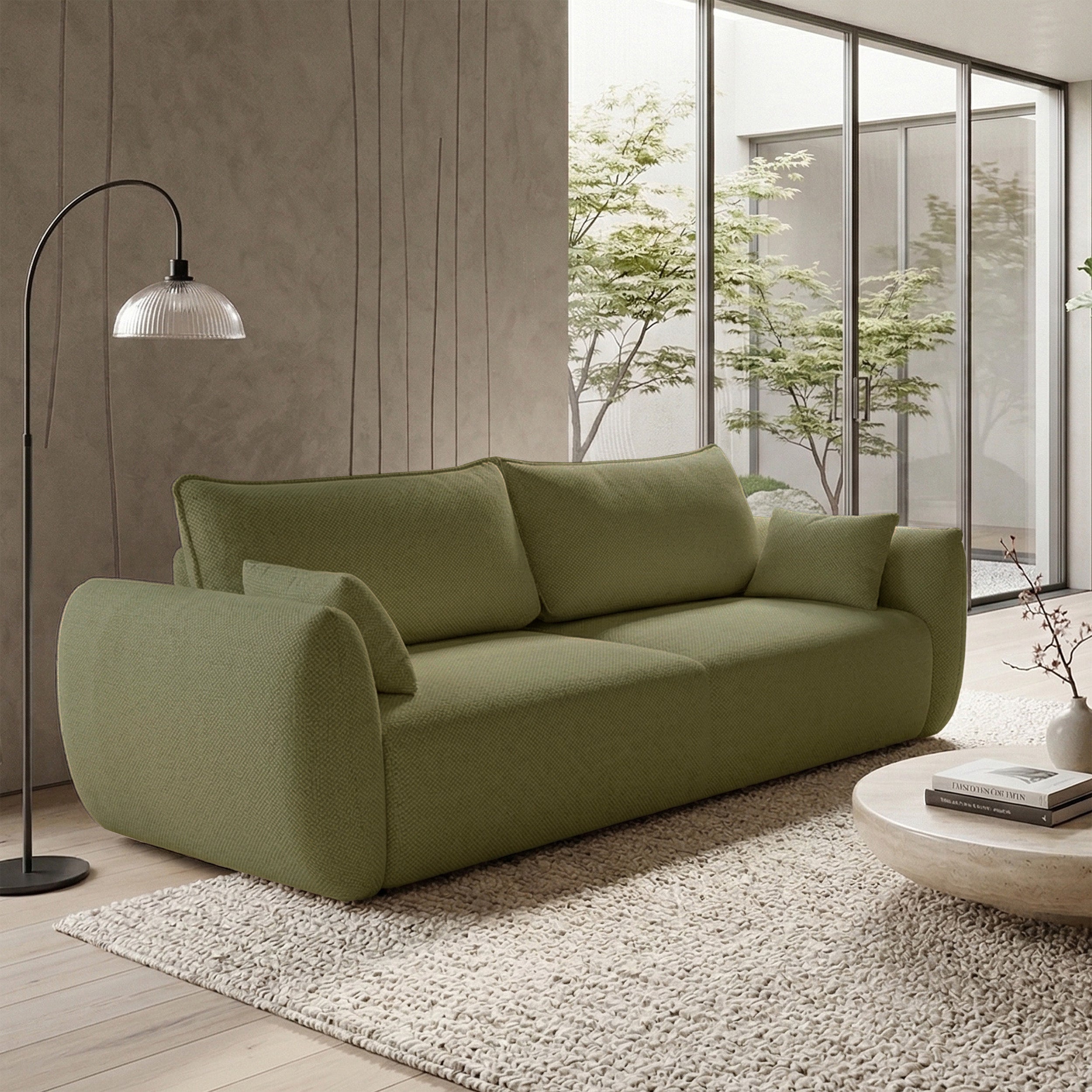 Dreisitziges ausklappbares Sofa Zordo mit Stauraum, olivgrüner Chenille-Bezug