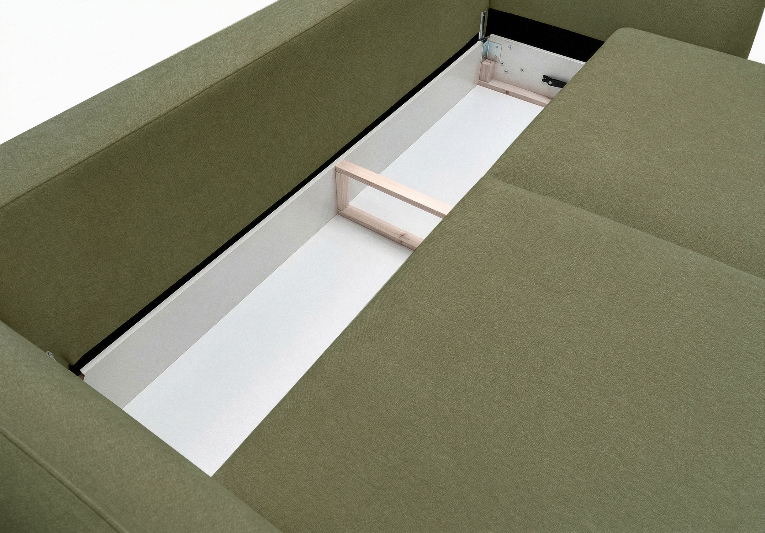 Dreisitziges ausklappbares Sofa Zordo mit Stauraum, olivgrüner Chenille-Bezug