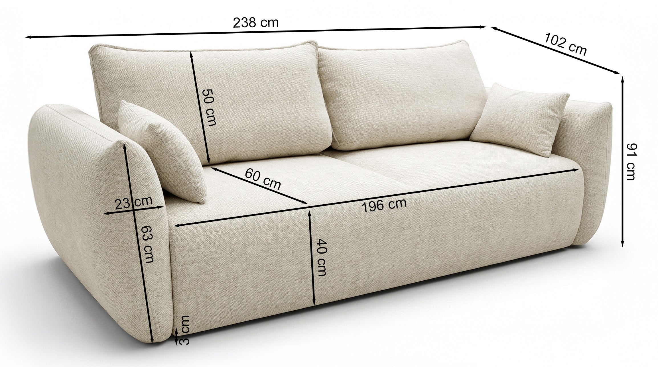 Drei-Sitzer-Schlafsofa Zordo mit Stauraum, hellbeiger Chenillebezug
