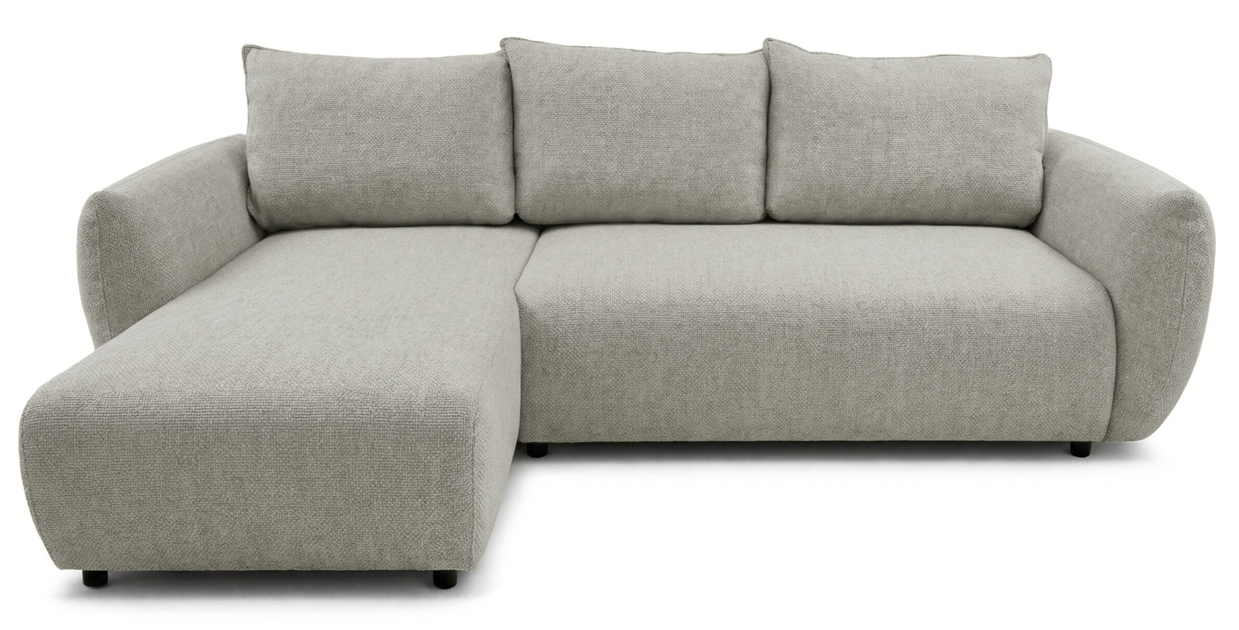 Ecksofa mit Schlaffunktion Zordo, L-förmig, linksseitig, mit zwei Stauraumfächern, grau-beiger Chenille-Stoff