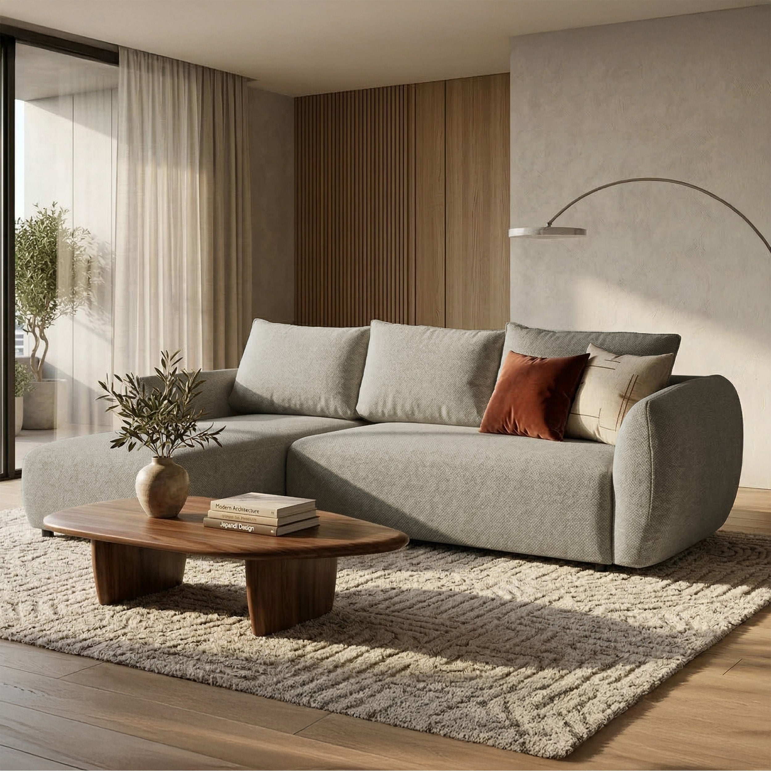 Ecksofa mit Schlaffunktion Zordo, L-förmig, linksseitig, mit zwei Stauraumfächern, grau-beiger Chenille-Stoff