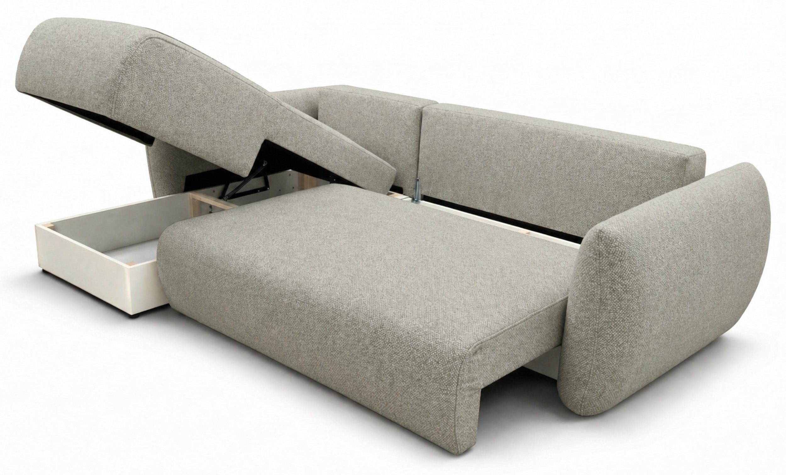 Ecksofa mit Schlaffunktion Zordo, L-förmig, linksseitig, mit zwei Stauraumfächern, grau-beiger Chenille-Stoff