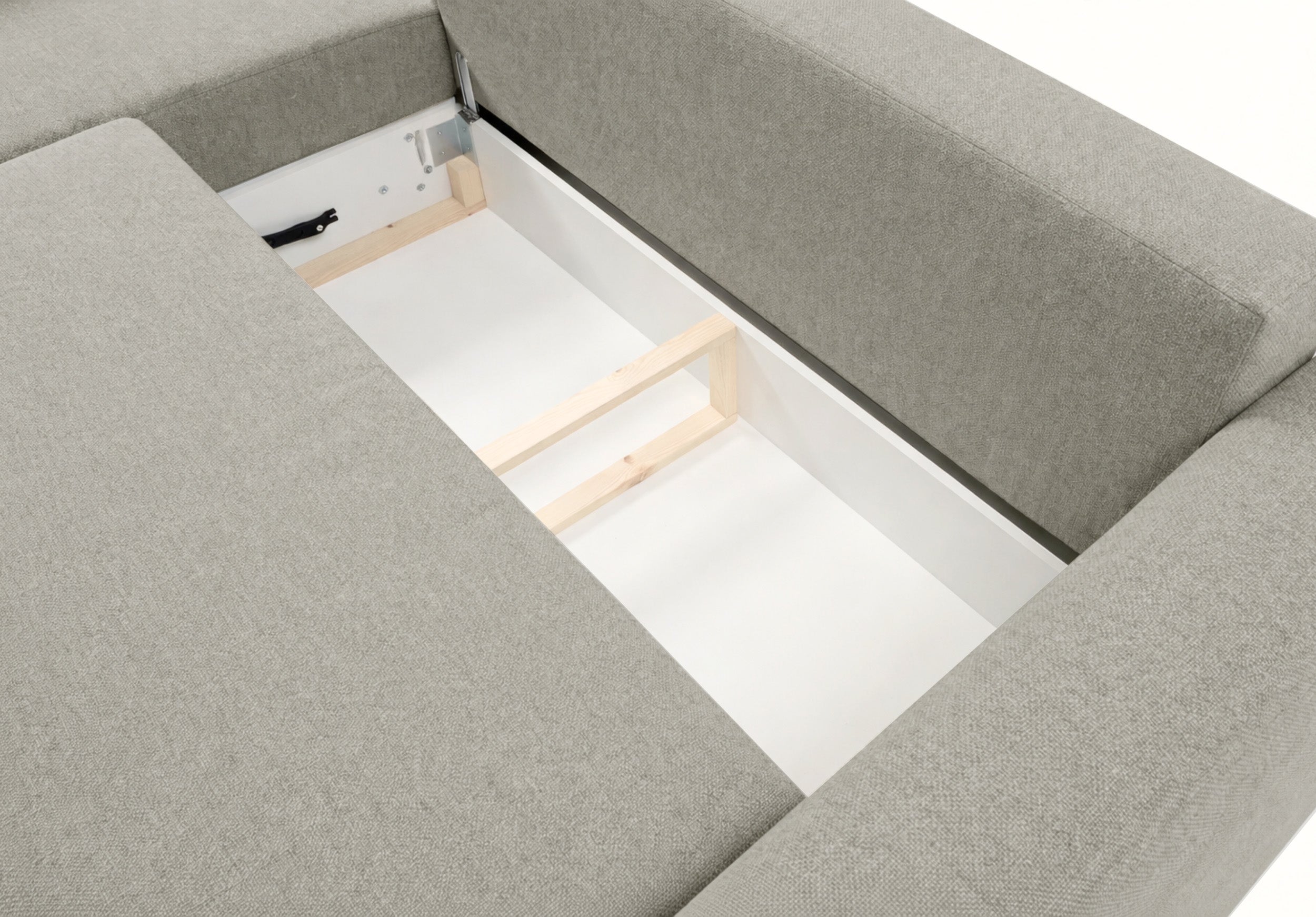 Ecksofa mit Schlaffunktion Zordo, L-förmig, linksseitig, mit zwei Stauraumfächern, grau-beiger Chenille-Stoff