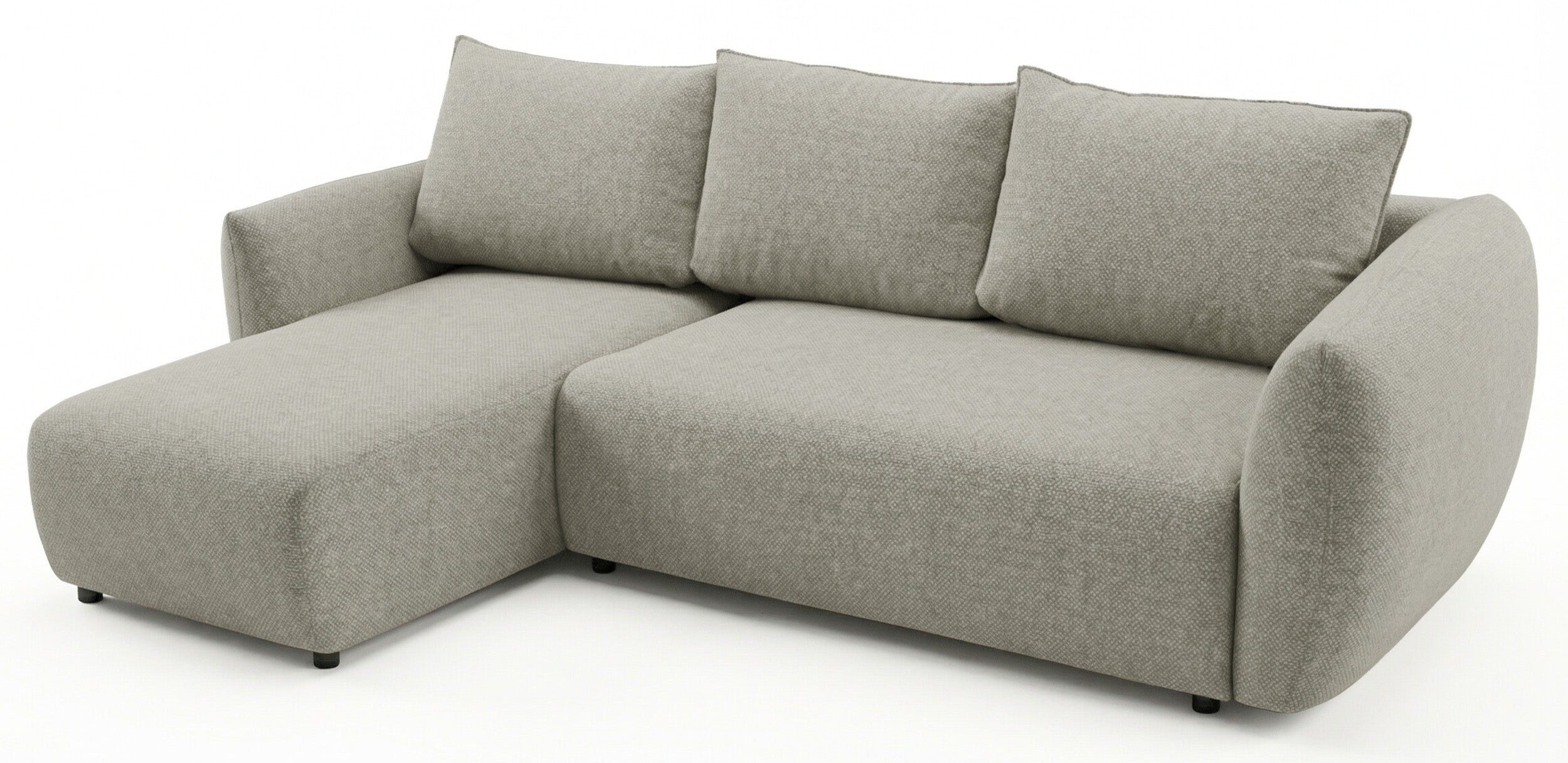 Ecksofa mit Schlaffunktion Zordo, L-förmig, linksseitig, mit zwei Stauraumfächern, grau-beiger Chenille-Stoff