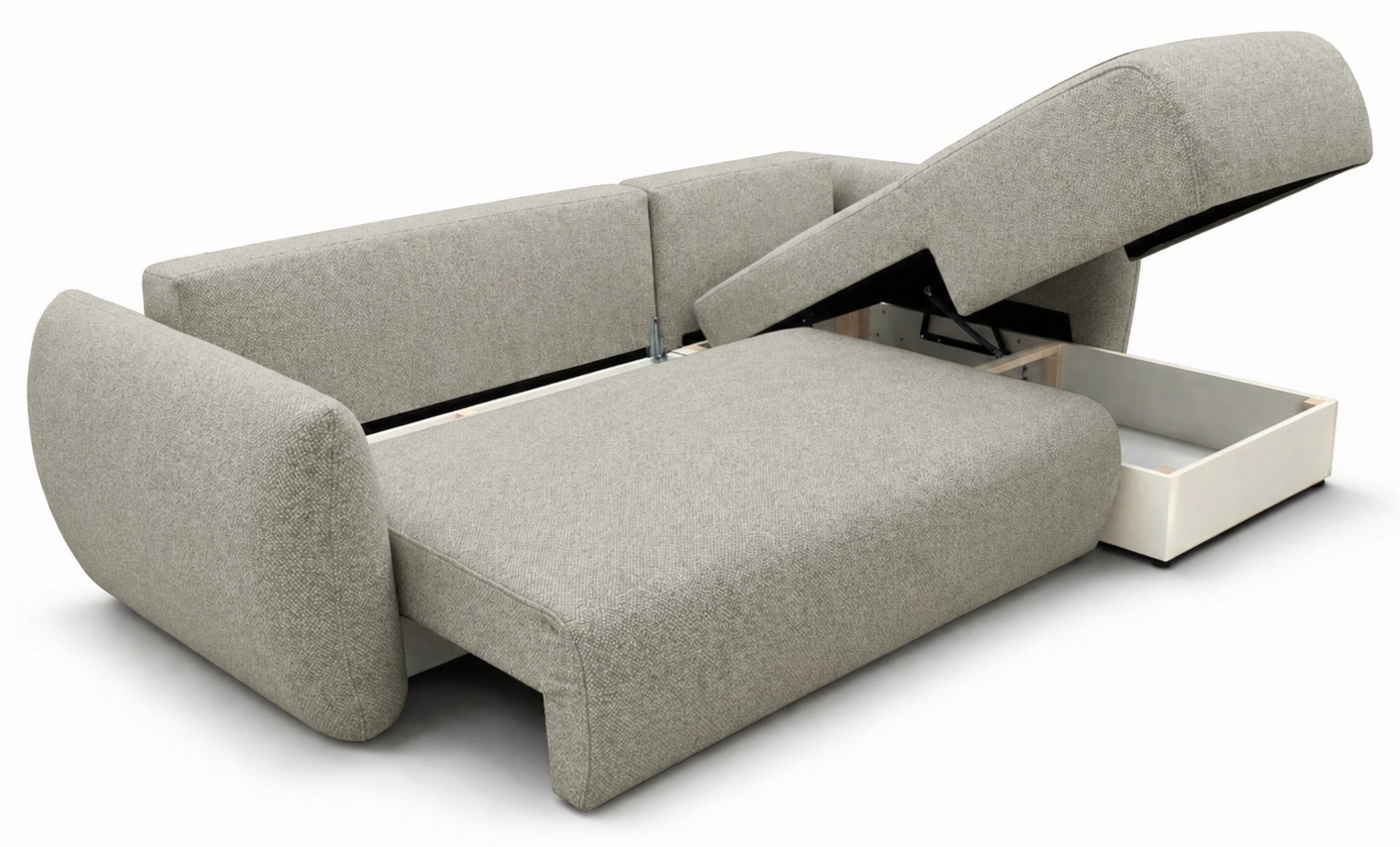 Ecksofa mit Schlaffunktion Zordo, L-förmig, rechtsseitig, mit zwei Stauraumfächern, grau-beiger Chenille-Stoff