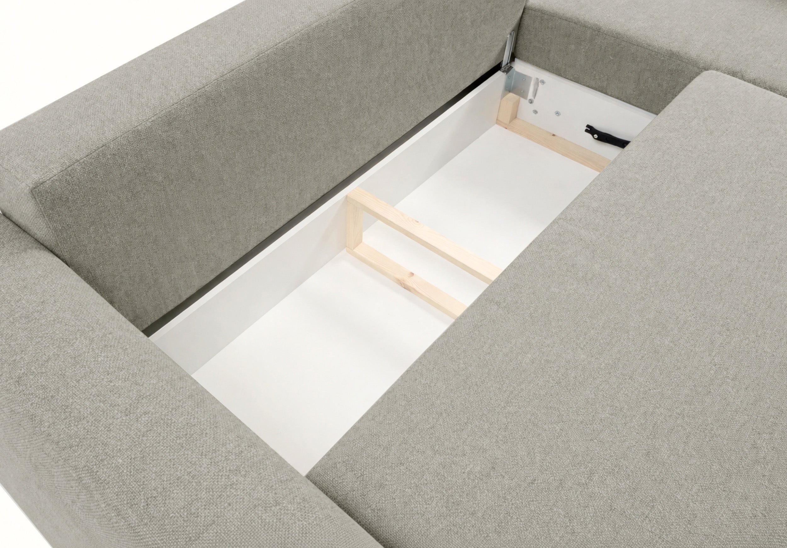 Ecksofa mit Schlaffunktion Zordo, L-förmig, rechtsseitig, mit zwei Stauraumfächern, grau-beiger Chenille-Stoff