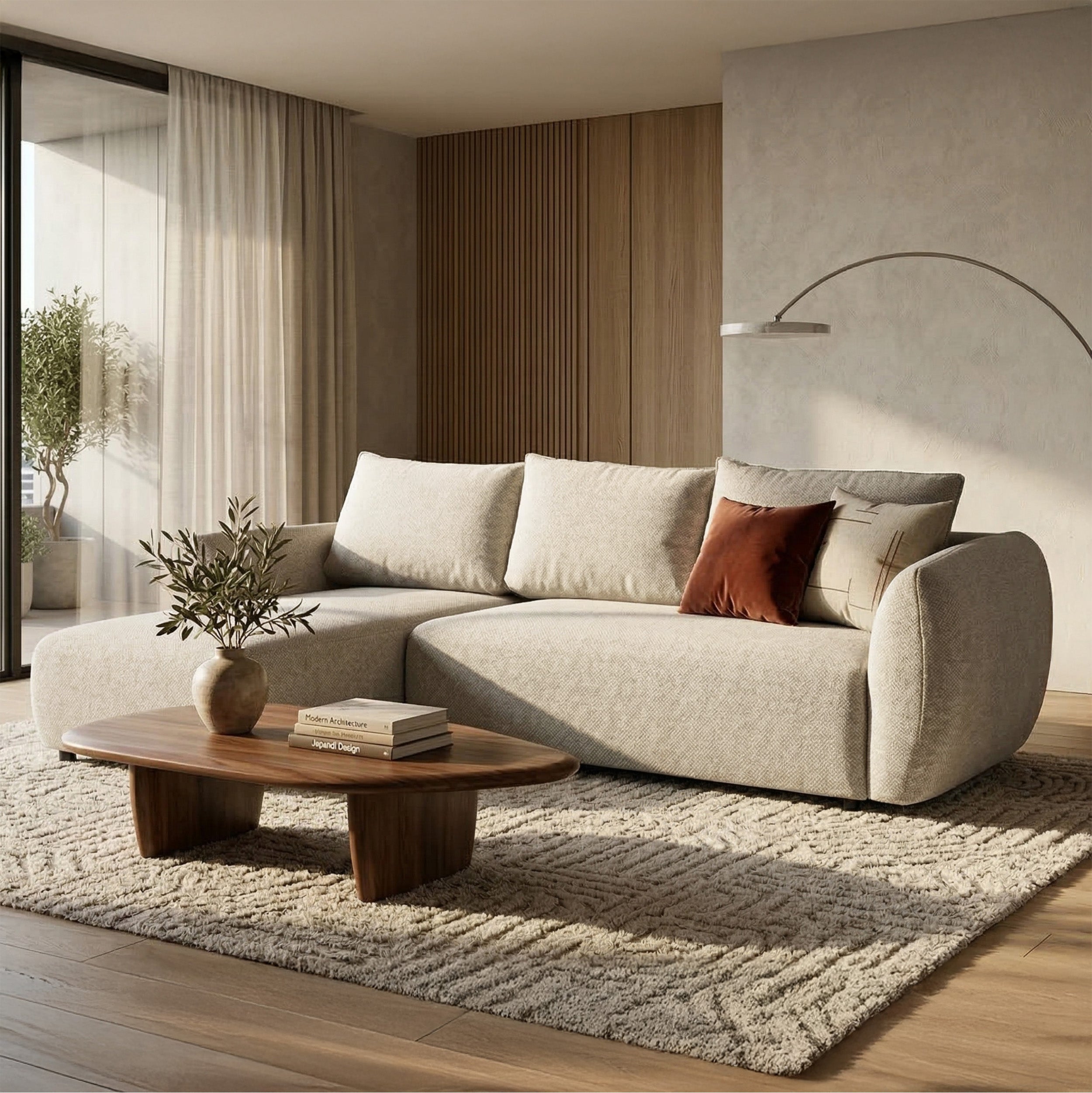 Ecksofa mit Schlafunktion Zordo, L-förmig, linksseitig, mit zwei Stauraumfächern, hellbeiger Chenille-Stoff