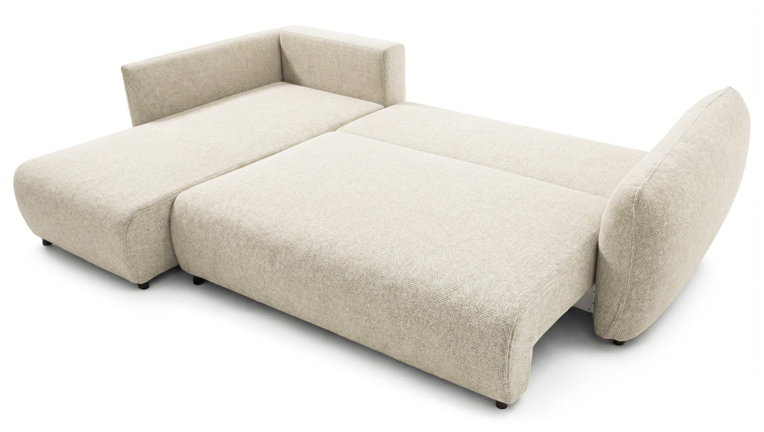 Ecksofa mit Schlafunktion Zordo, L-förmig, linksseitig, mit zwei Stauraumfächern, hellbeiger Chenille-Stoff