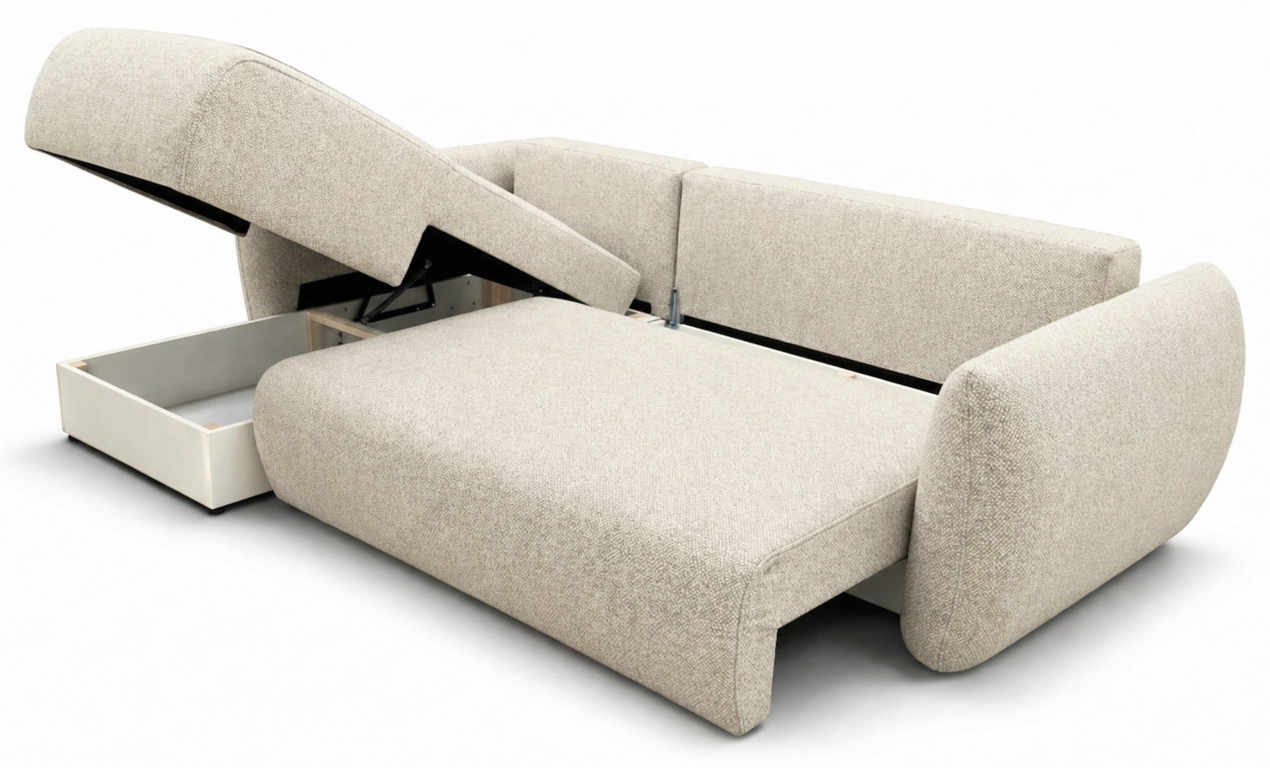 Ecksofa mit Schlafunktion Zordo, L-förmig, linksseitig, mit zwei Stauraumfächern, hellbeiger Chenille-Stoff