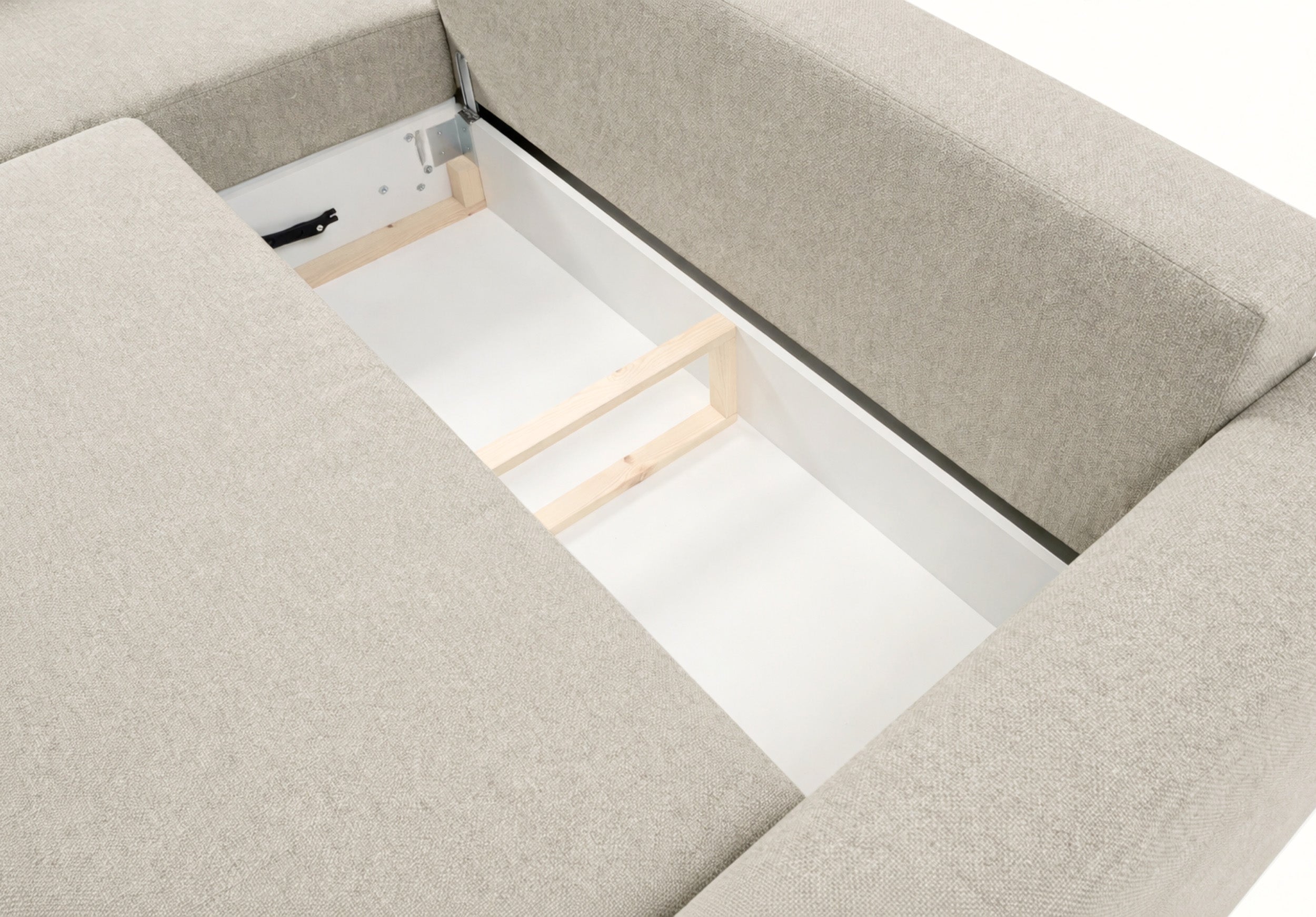 Ecksofa mit Schlafunktion Zordo, L-förmig, linksseitig, mit zwei Stauraumfächern, hellbeiger Chenille-Stoff