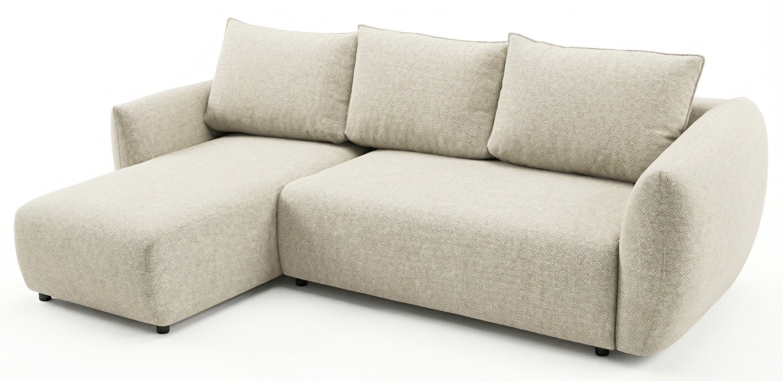 Ecksofa mit Schlafunktion Zordo, L-förmig, linksseitig, mit zwei Stauraumfächern, hellbeiger Chenille-Stoff