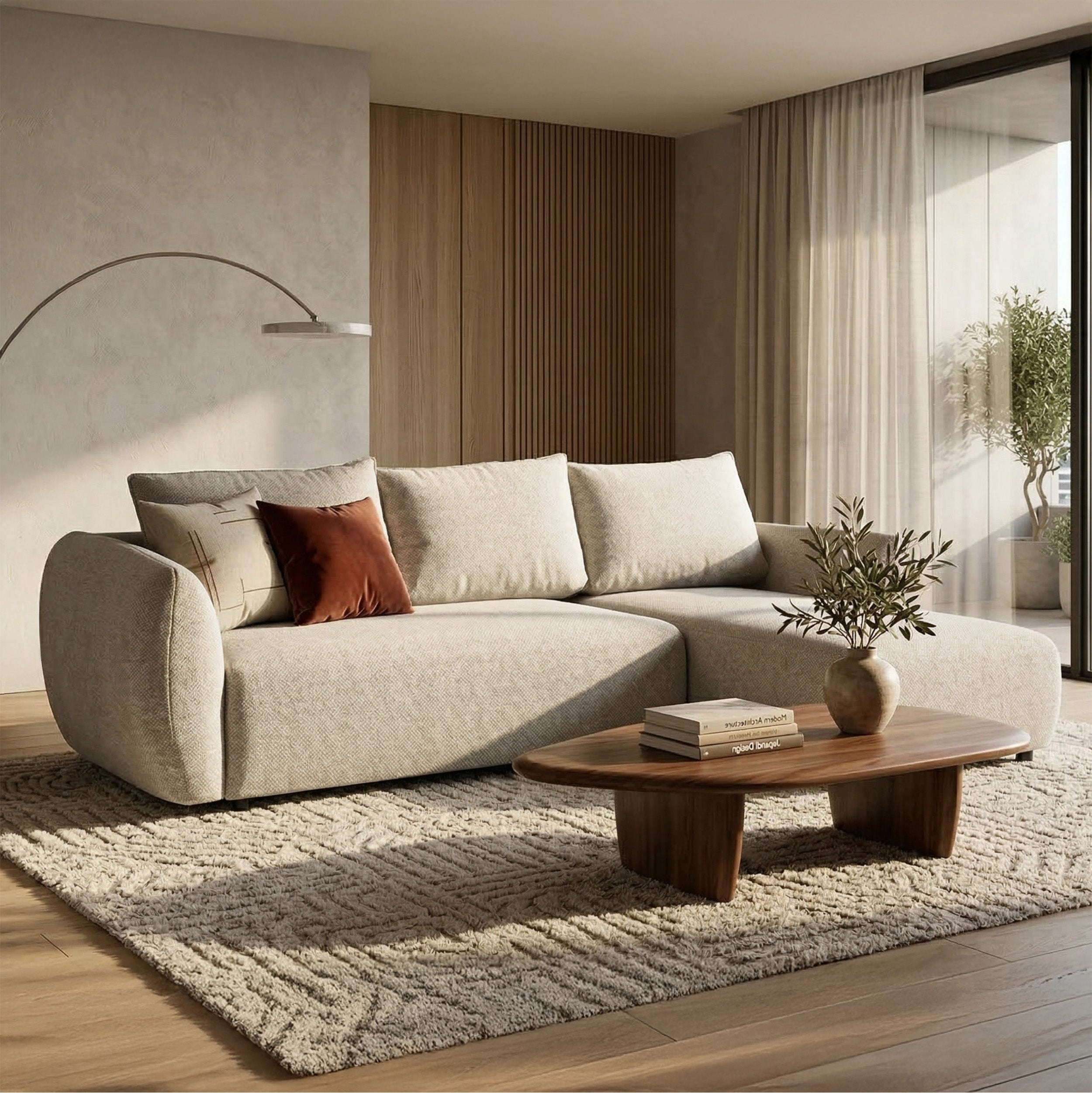 Ecksofa mit Schlaffunktion Zordo, L-förmig, rechtsseitig, mit zwei Aufbewahrungsboxen, hellbeiger Chenille-Stoff