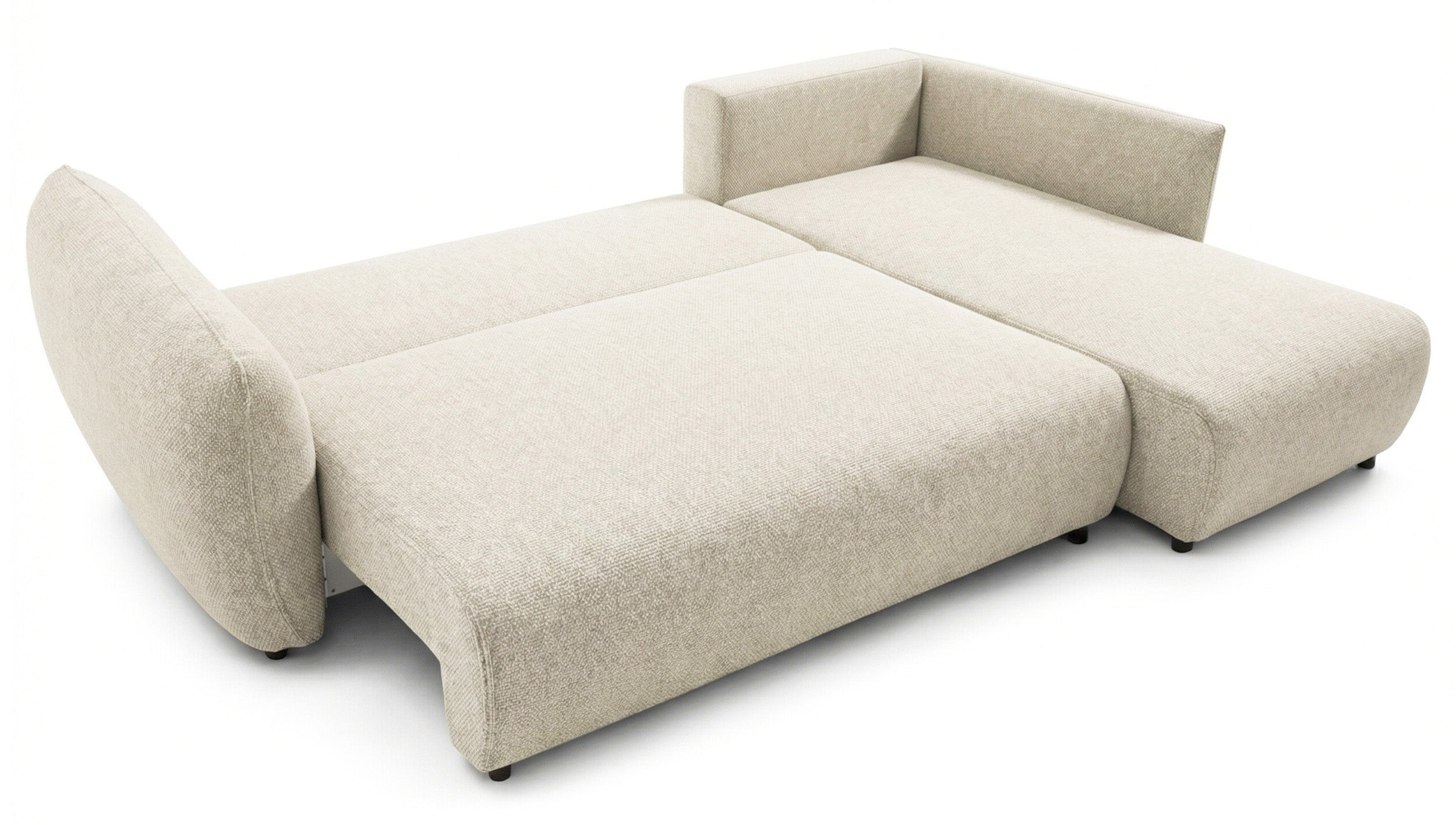 Ecksofa mit Schlaffunktion Zordo, L-förmig, rechtsseitig, mit zwei Aufbewahrungsboxen, hellbeiger Chenille-Stoff