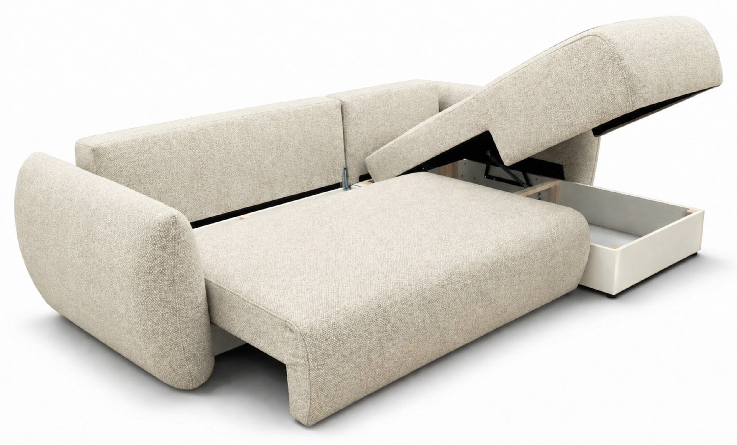 Ecksofa mit Schlaffunktion Zordo, L-förmig, rechtsseitig, mit zwei Aufbewahrungsboxen, hellbeiger Chenille-Stoff