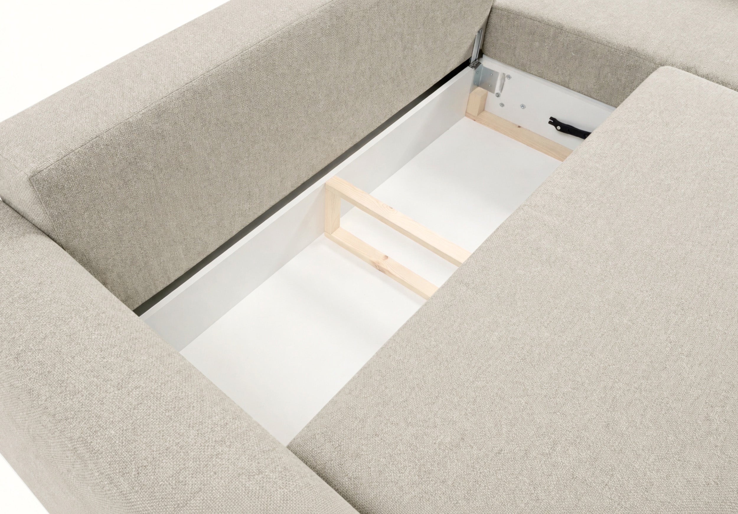 Ecksofa mit Schlaffunktion Zordo, L-förmig, rechtsseitig, mit zwei Aufbewahrungsboxen, hellbeiger Chenille-Stoff