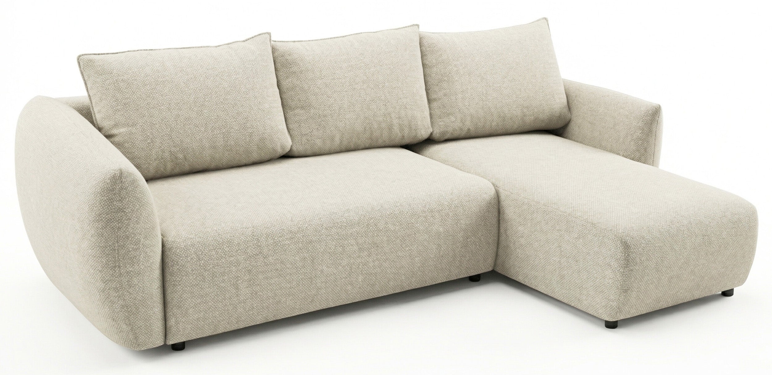 Ecksofa mit Schlaffunktion Zordo, L-förmig, rechtsseitig, mit zwei Aufbewahrungsboxen, hellbeiger Chenille-Stoff
