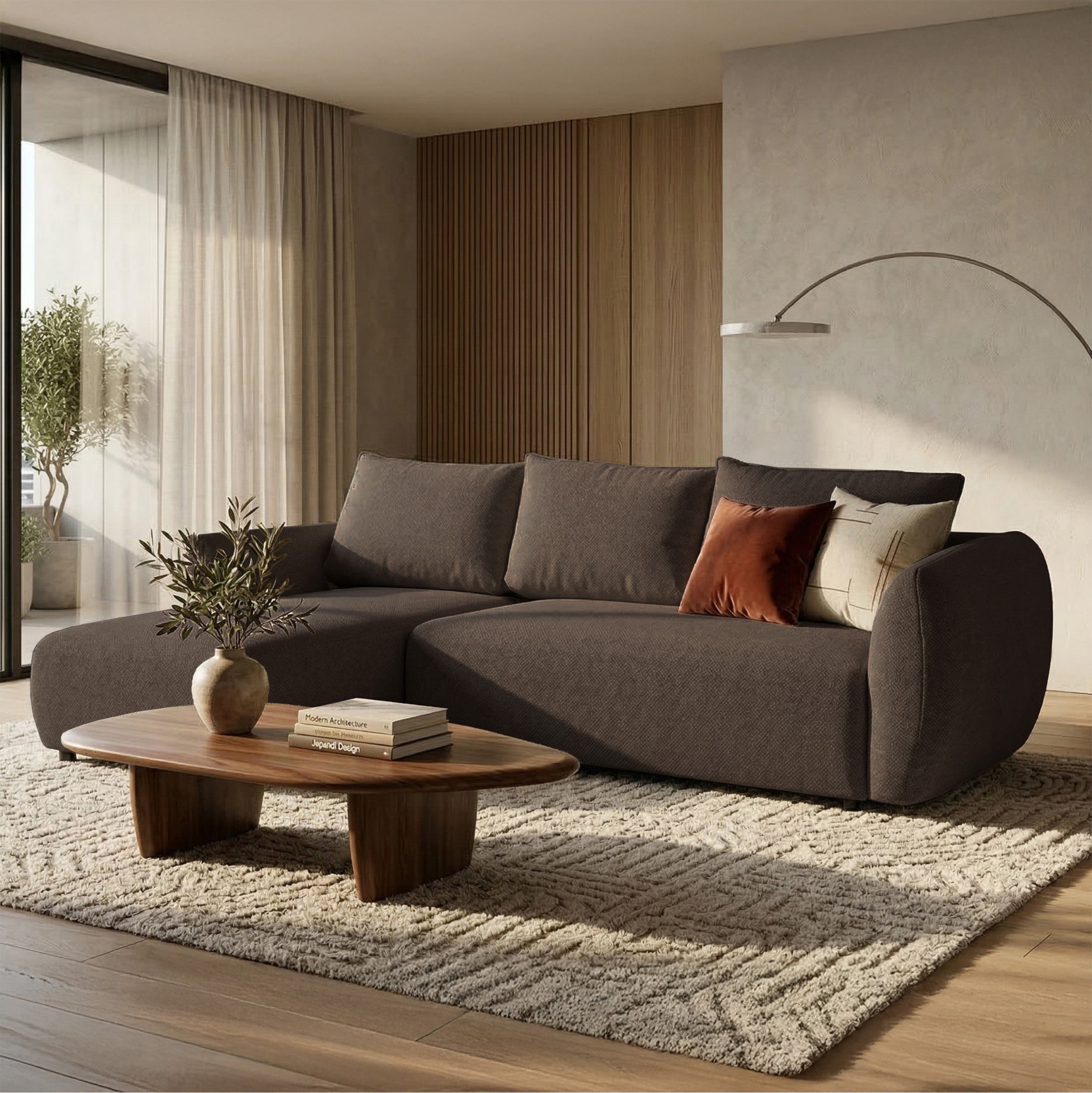 Ecksofa mit Schlaffunktion Zordo, L-förmig, linksseitig, mit zwei Stauraumfächern, braunes Chenille