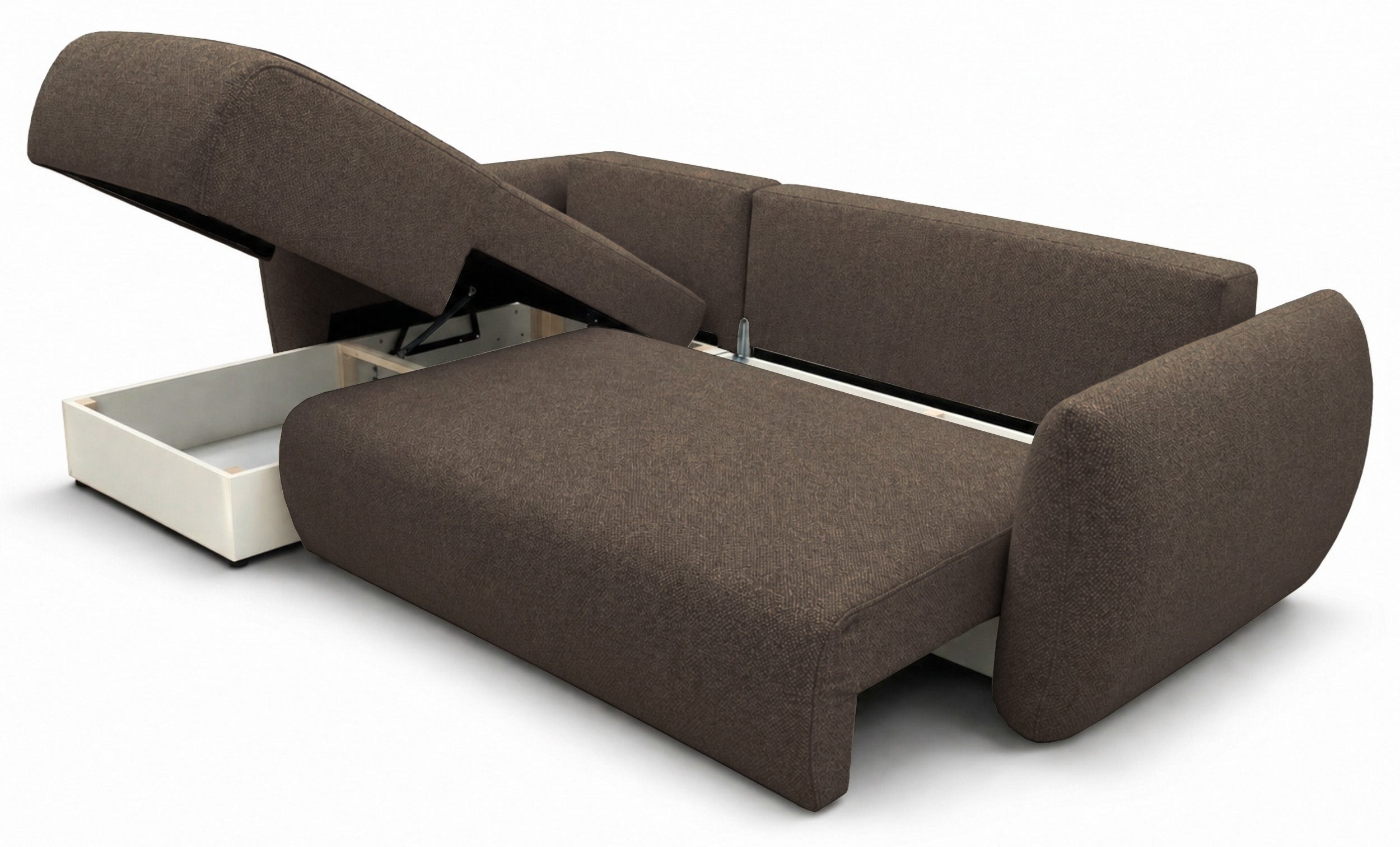 Ecksofa mit Schlaffunktion Zordo, L-förmig, linksseitig, mit zwei Stauraumfächern, braunes Chenille