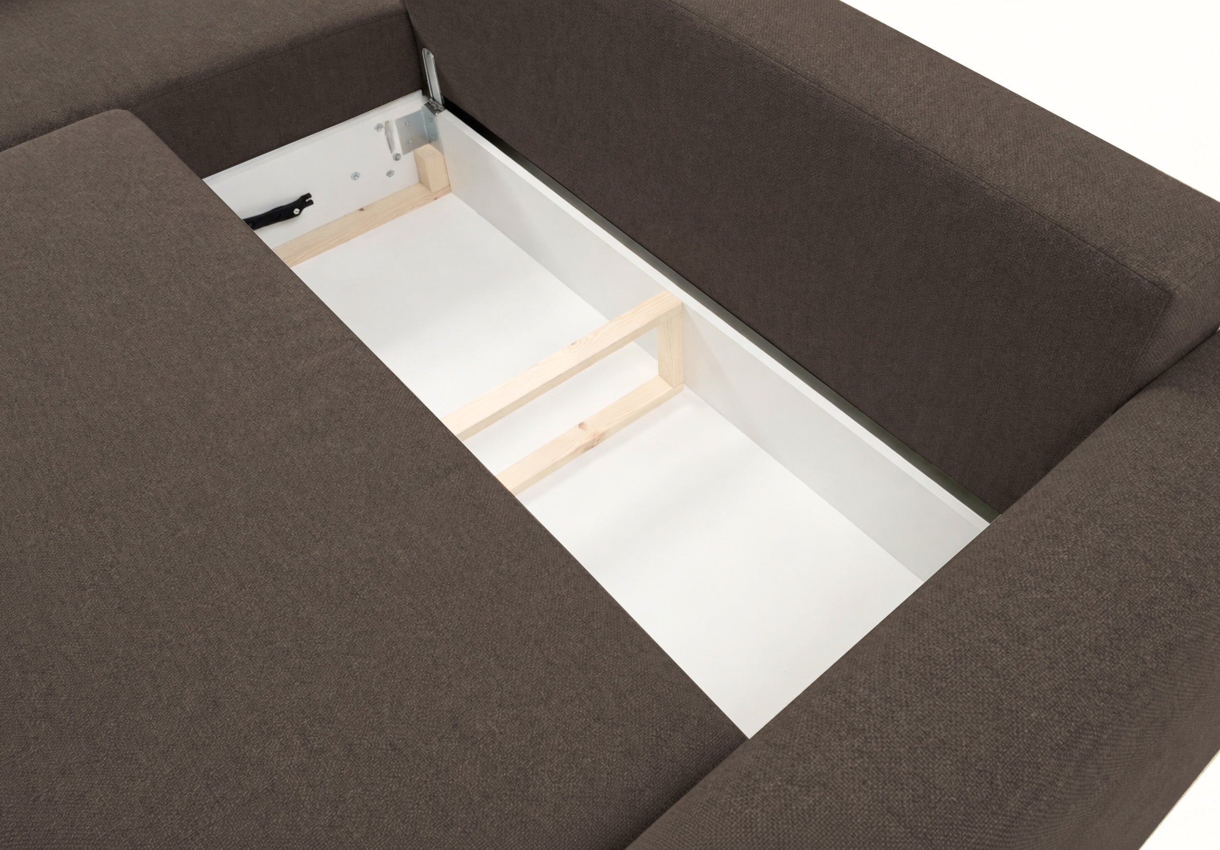Ecksofa mit Schlaffunktion Zordo, L-förmig, linksseitig, mit zwei Stauraumfächern, braunes Chenille