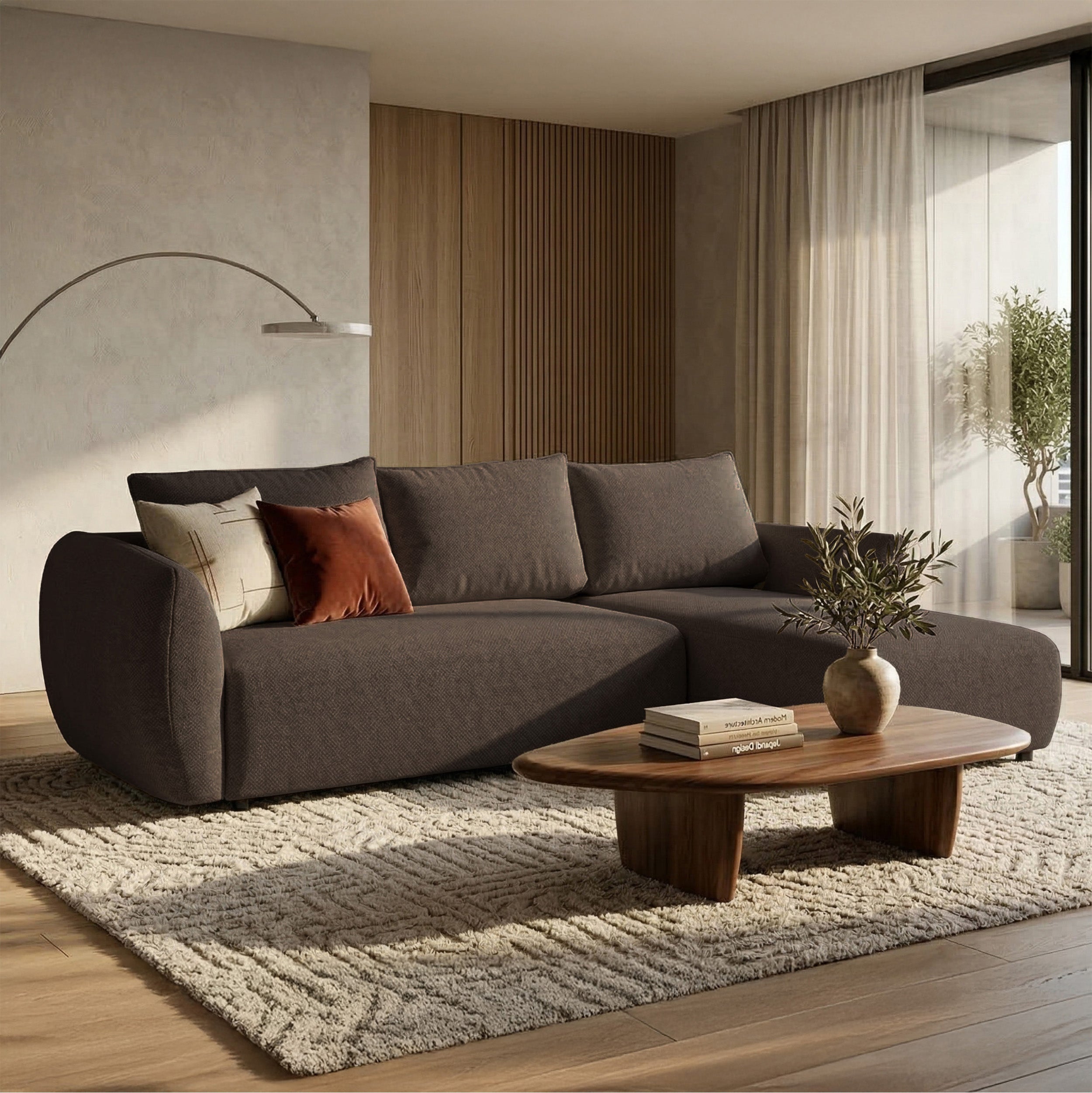 Ecksofa mit Schlaffunktion Zordo, L-förmig, rechtsseitig, mit zwei Stauraumfächern, braunes Chenille