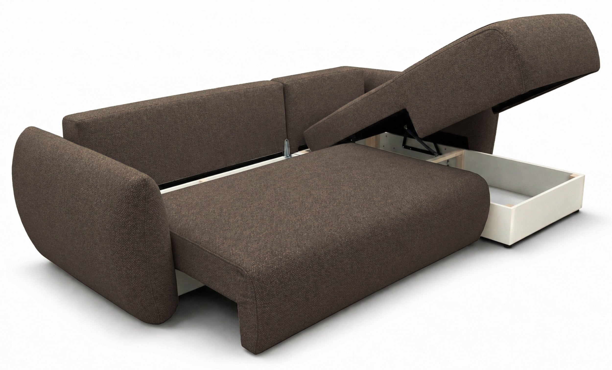 Ecksofa mit Schlaffunktion Zordo, L-förmig, rechtsseitig, mit zwei Stauraumfächern, braunes Chenille