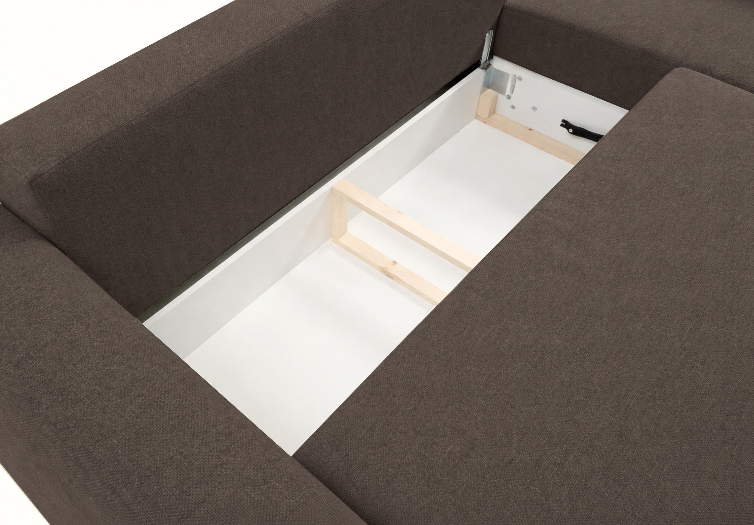 Ecksofa mit Schlaffunktion Zordo, L-förmig, rechtsseitig, mit zwei Stauraumfächern, braunes Chenille