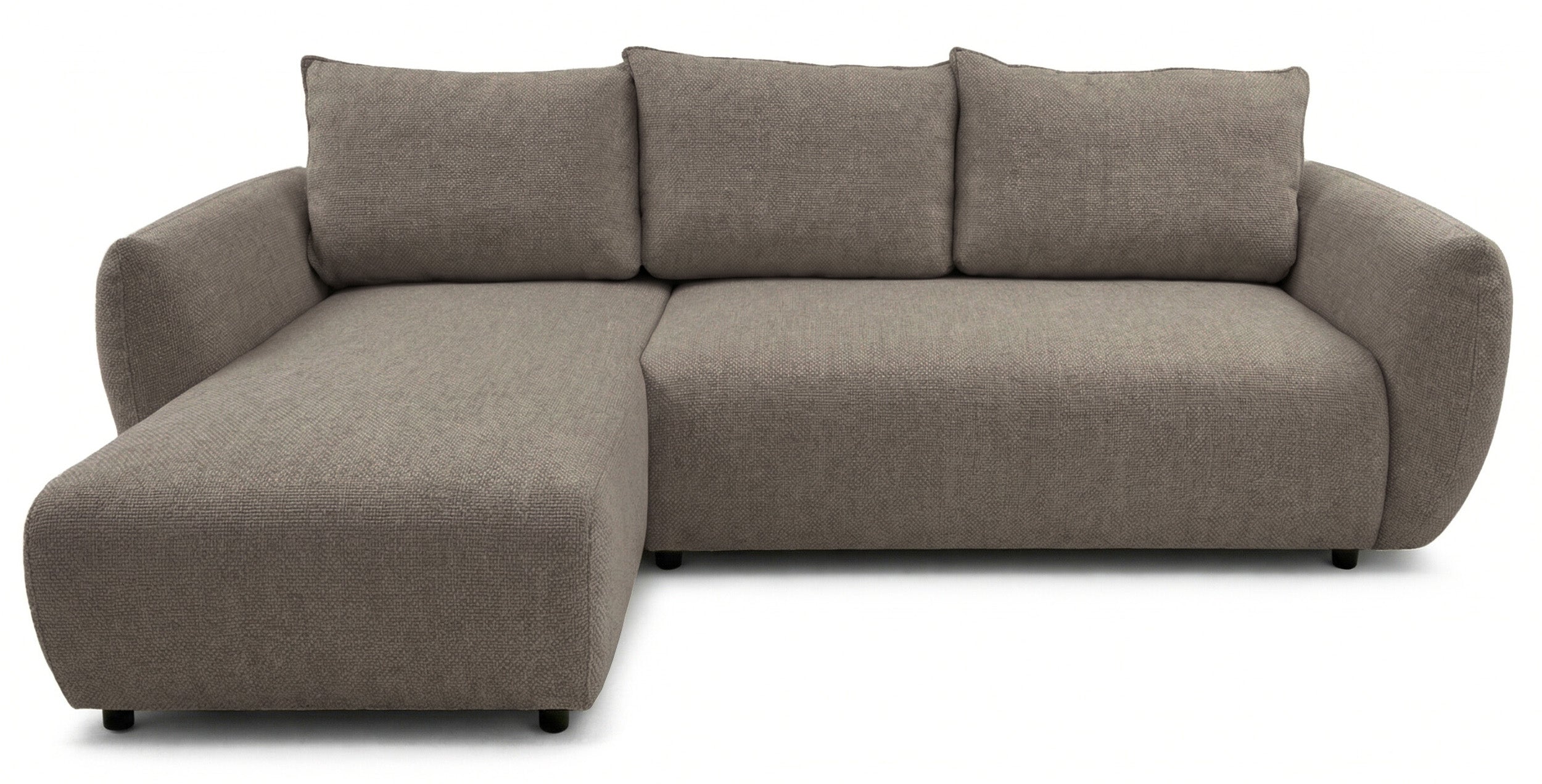 Ecksofa mit Schlaffunktion Zordo, L-förmig, linksseitig, mit zwei Stauraumfächern, hellbrauner Chenille-Stoff