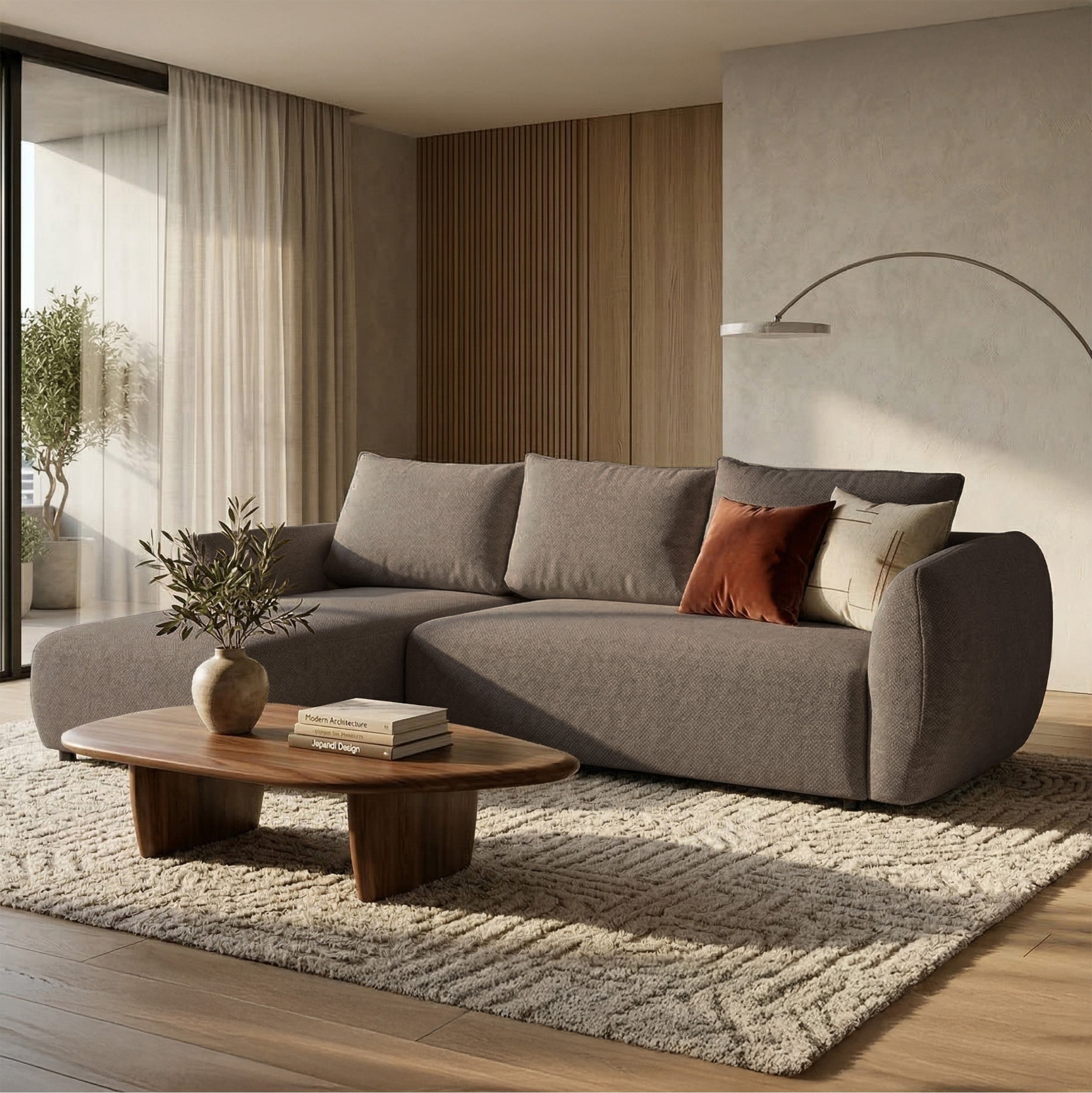 Ecksofa mit Schlaffunktion Zordo, L-förmig, linksseitig, mit zwei Stauraumfächern, hellbrauner Chenille-Stoff